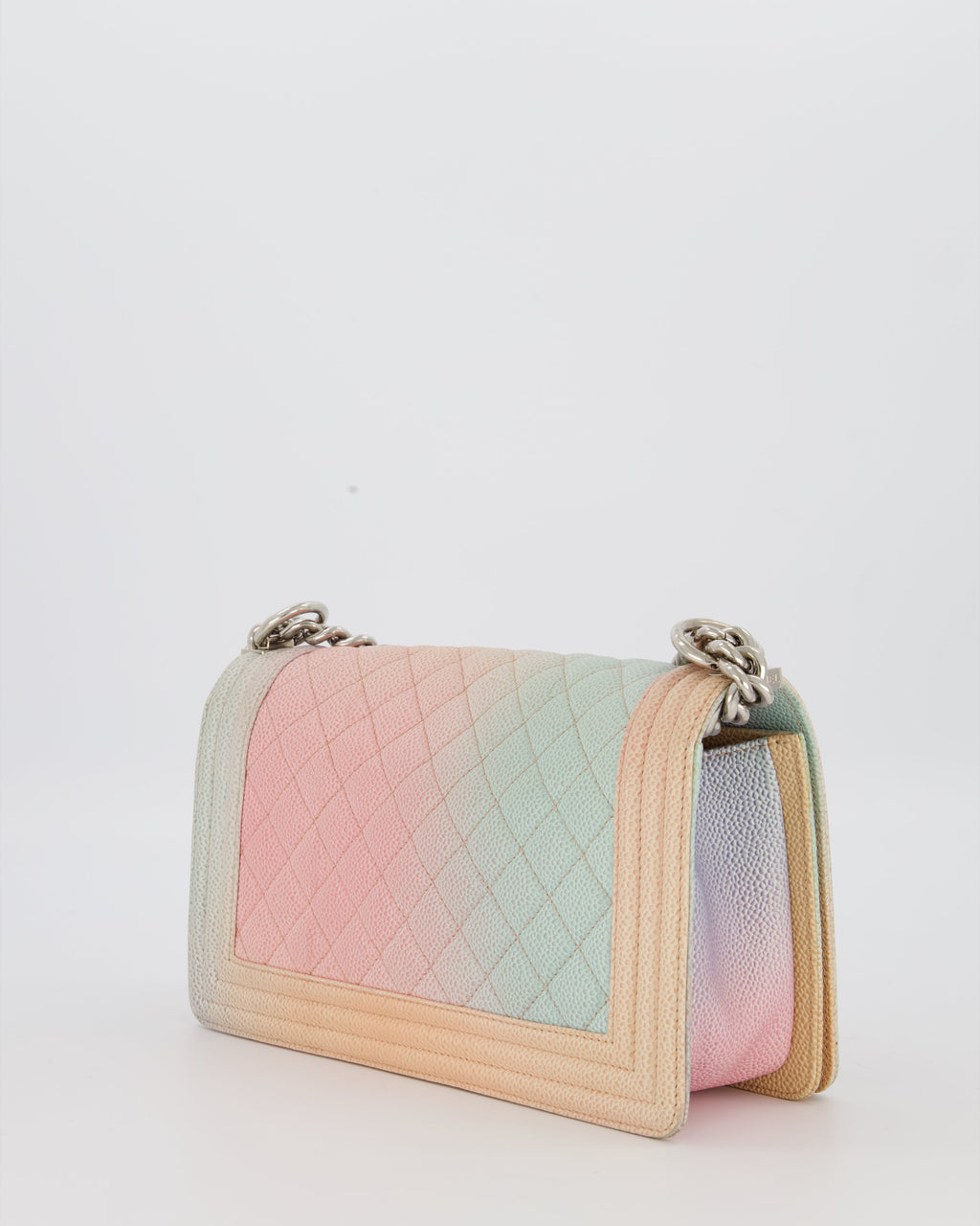 Chanel Medium Boy Bag in Patel Rainbow Caviar Leather withvSilver and Pink Enamel Hardware