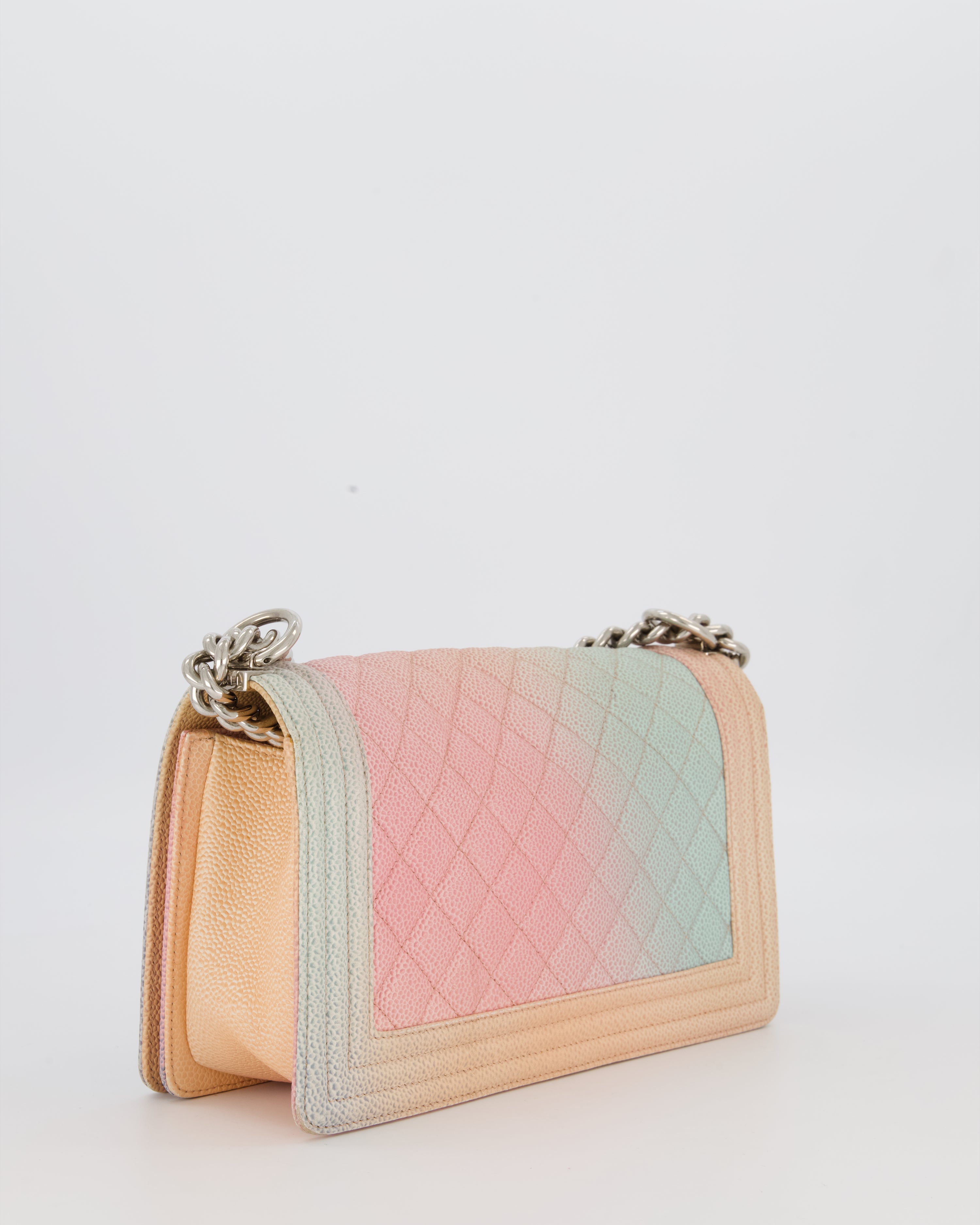 Chanel Medium Boy Bag in Patel Rainbow Caviar Leather withvSilver and Pink Enamel Hardware