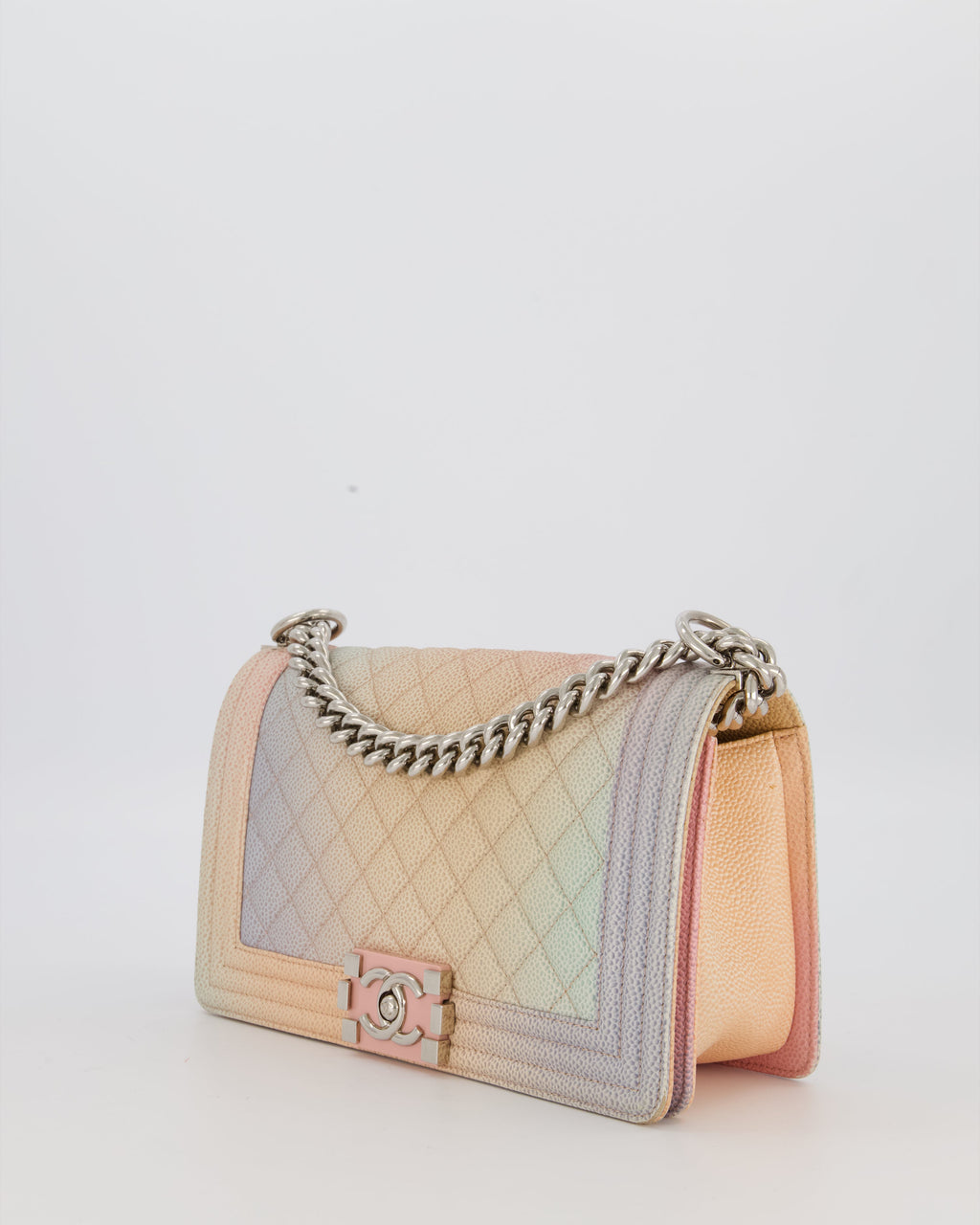 Chanel Medium Boy Bag in Patel Rainbow Caviar Leather withvSilver and Pink Enamel Hardware