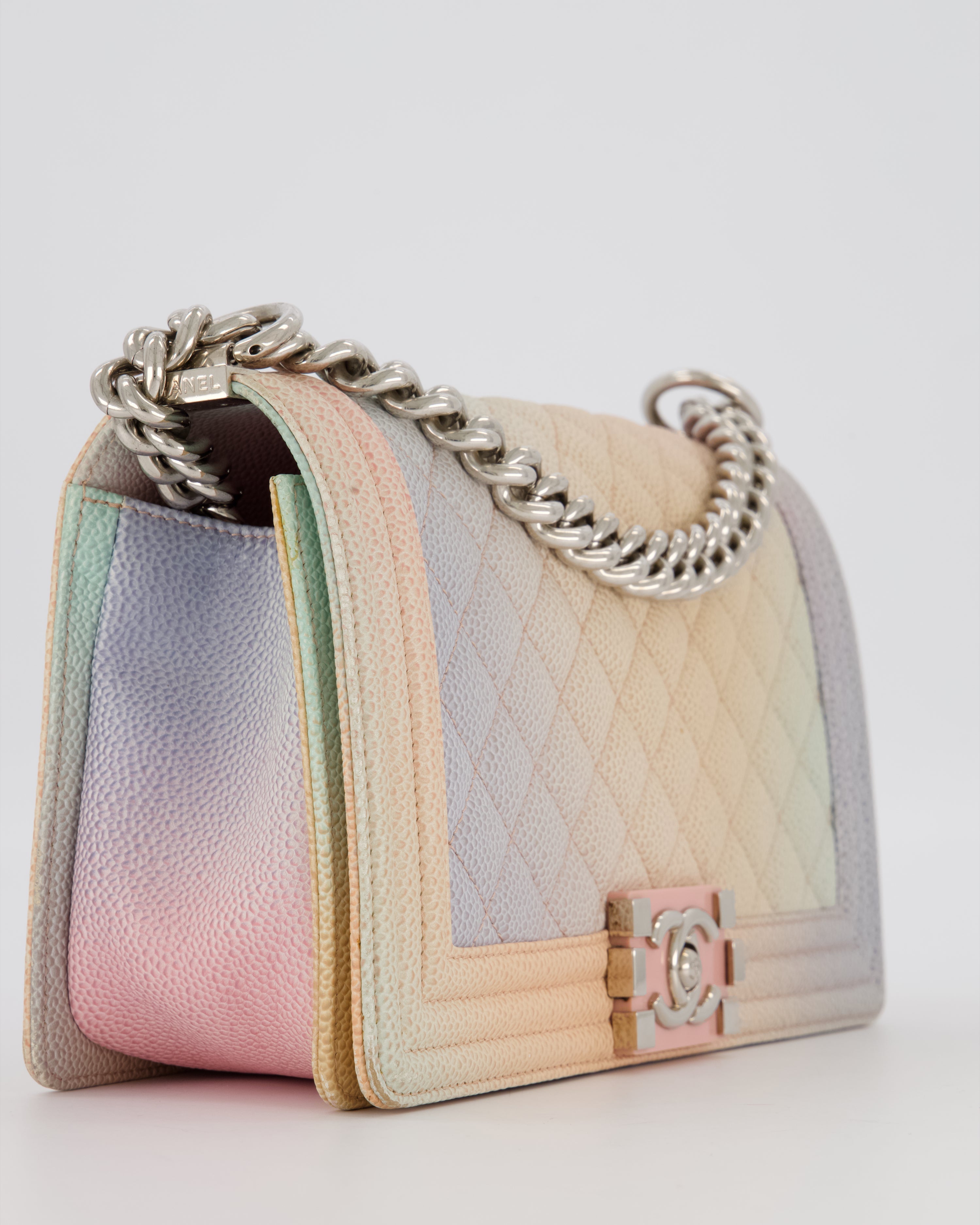 Chanel Medium Boy Bag in Patel Rainbow Caviar Leather withvSilver and Pink Enamel Hardware