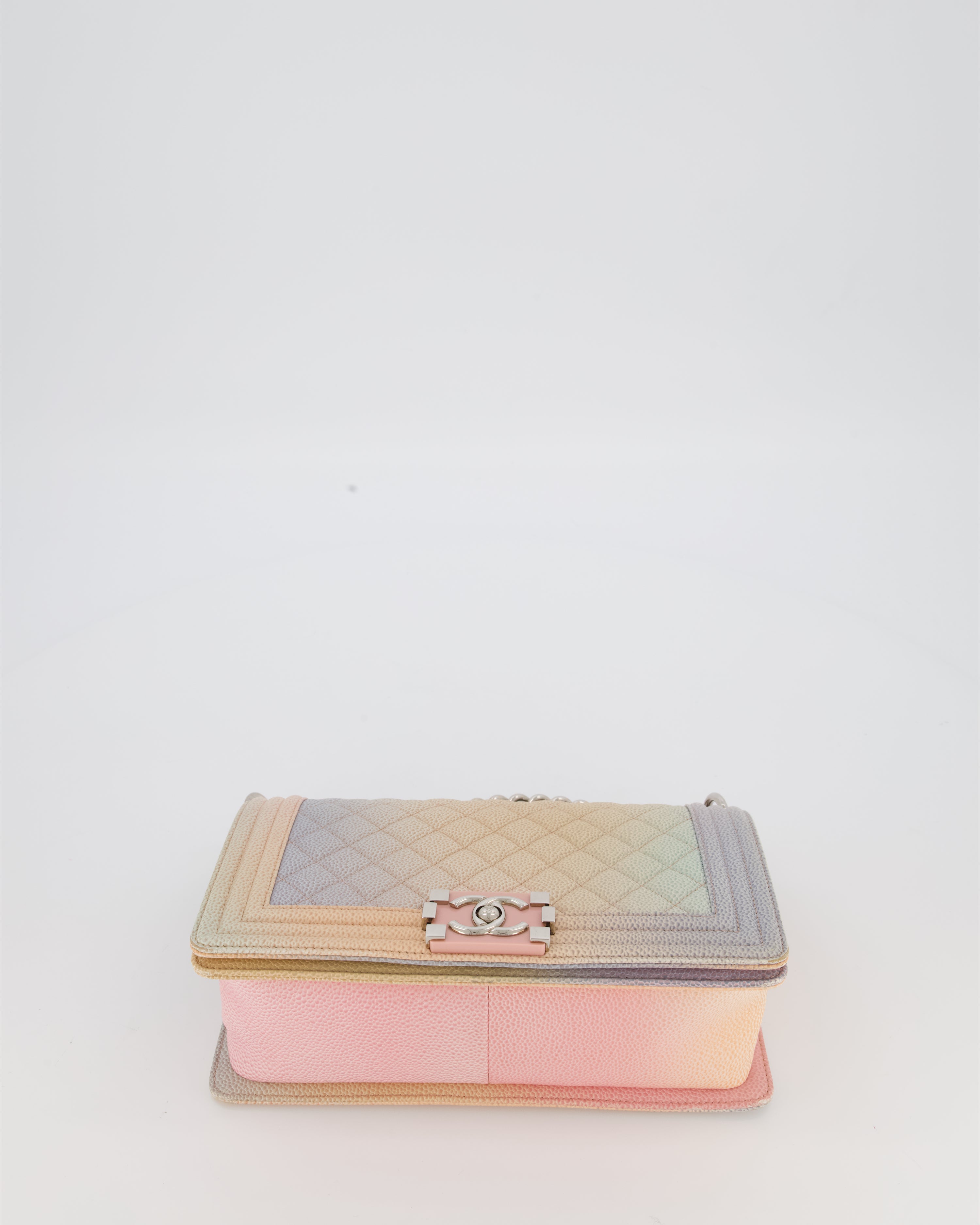 Chanel Medium Boy Bag in Patel Rainbow Caviar Leather withvSilver and Pink Enamel Hardware