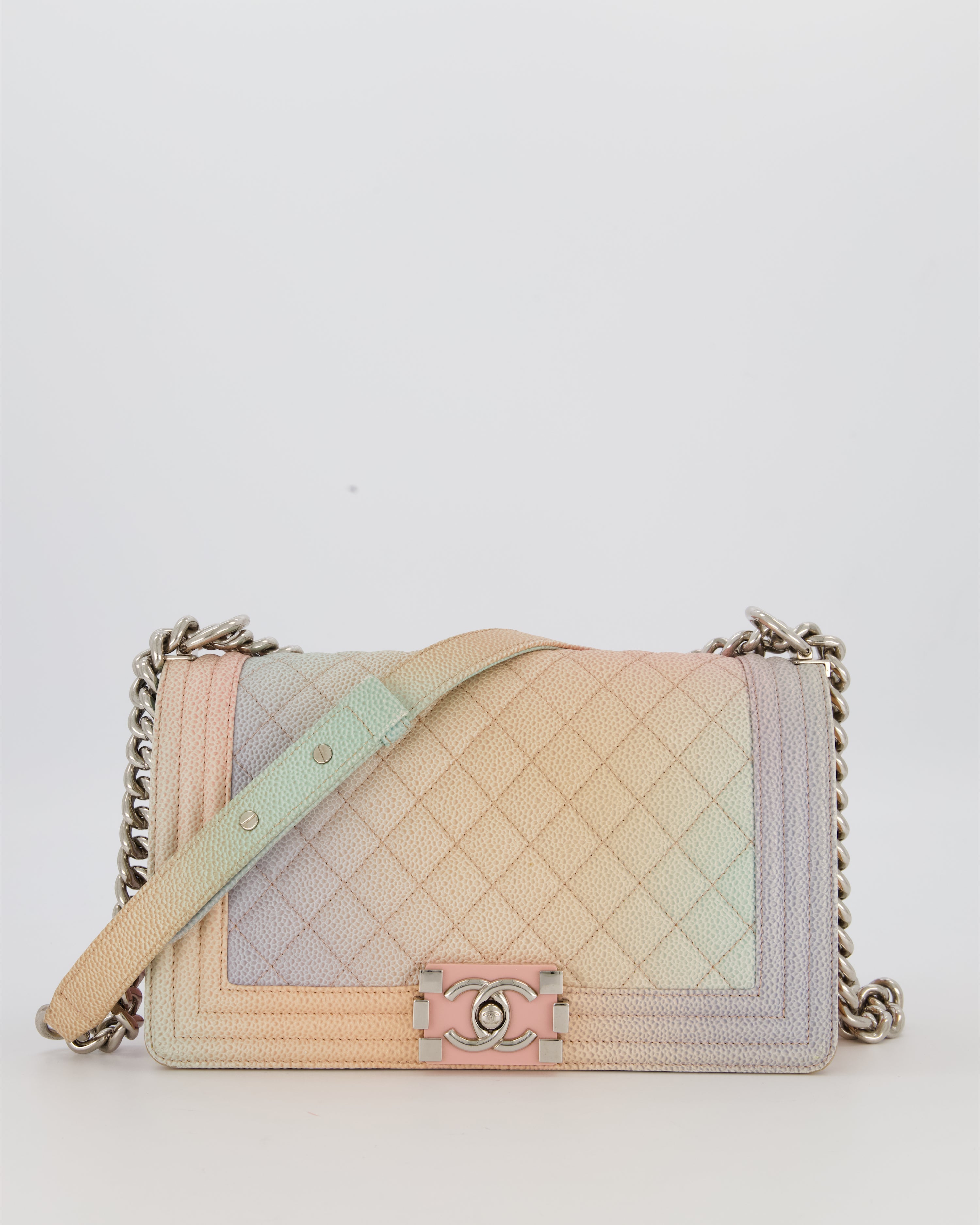 Chanel Medium Boy Bag in Patel Rainbow Caviar Leather withvSilver and Pink Enamel Hardware