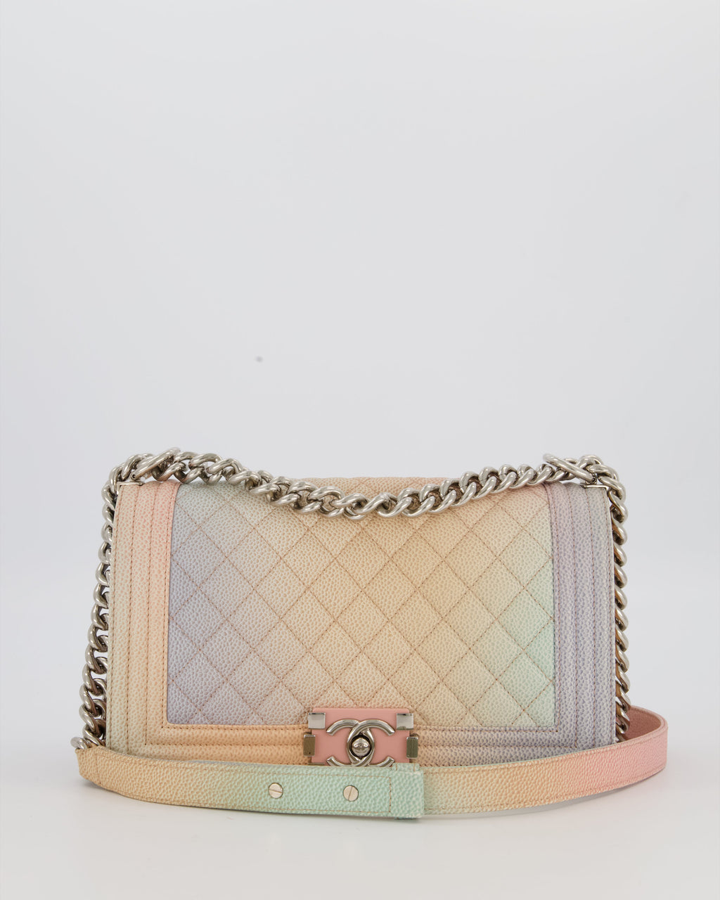 Chanel Medium Boy Bag in Patel Rainbow Caviar Leather withvSilver and Pink Enamel Hardware