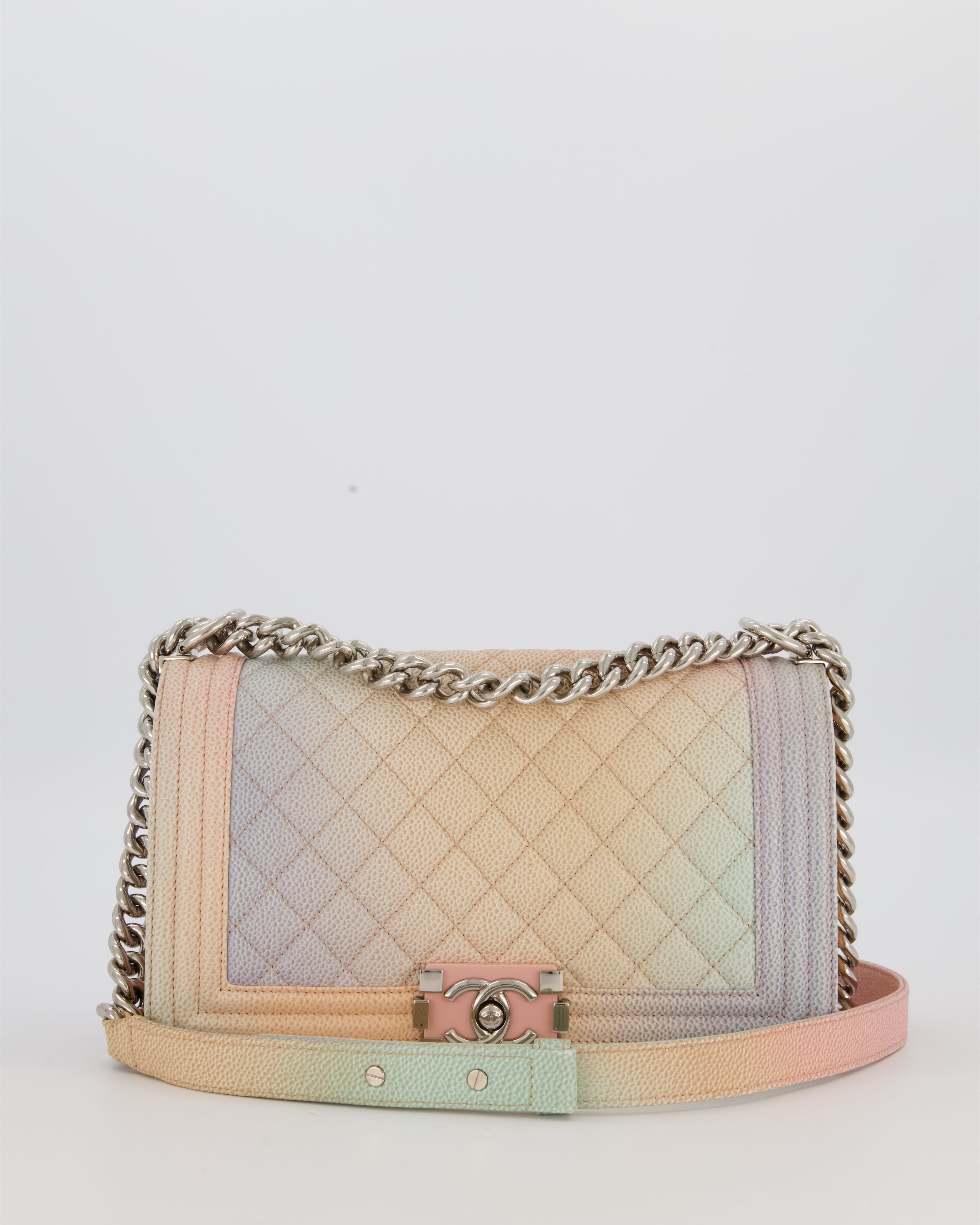 Chanel Medium Boy Bag in Patel Rainbow Caviar Leather withvSilver and Pink Enamel Hardware