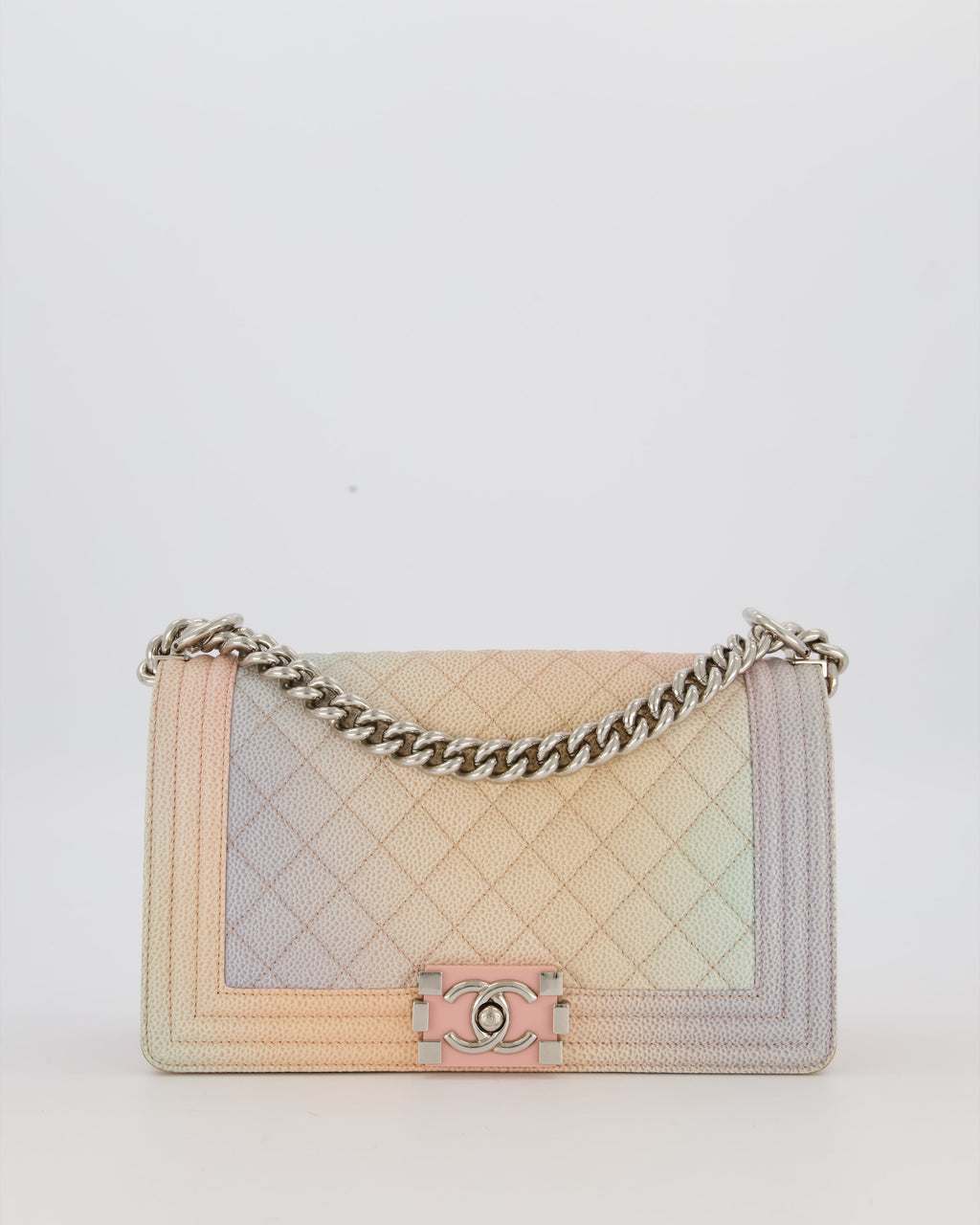 Chanel Medium Boy Bag in Patel Rainbow Caviar Leather withvSilver and Pink Enamel Hardware