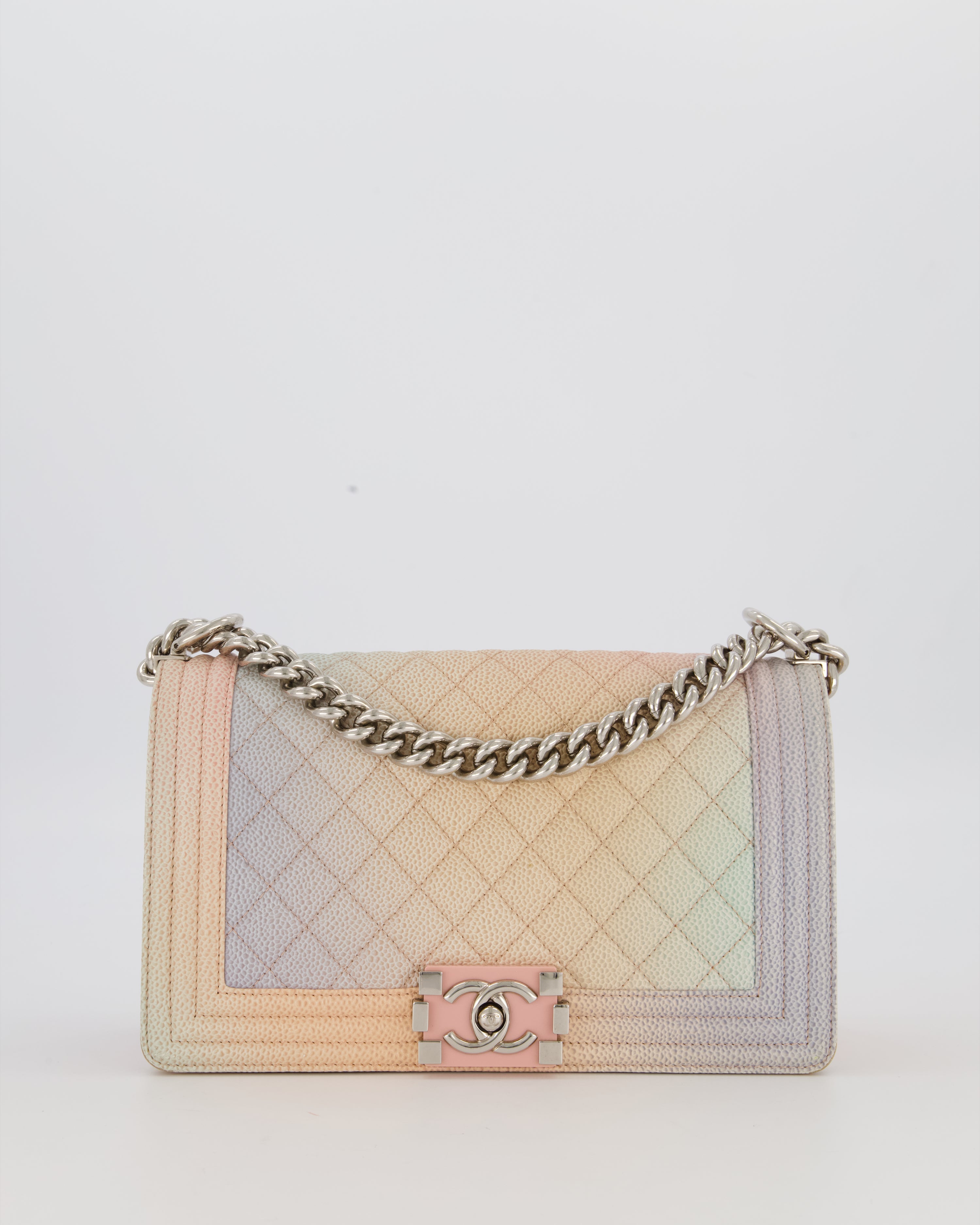 Chanel Medium Boy Bag in Patel Rainbow Caviar Leather withvSilver and Pink Enamel Hardware