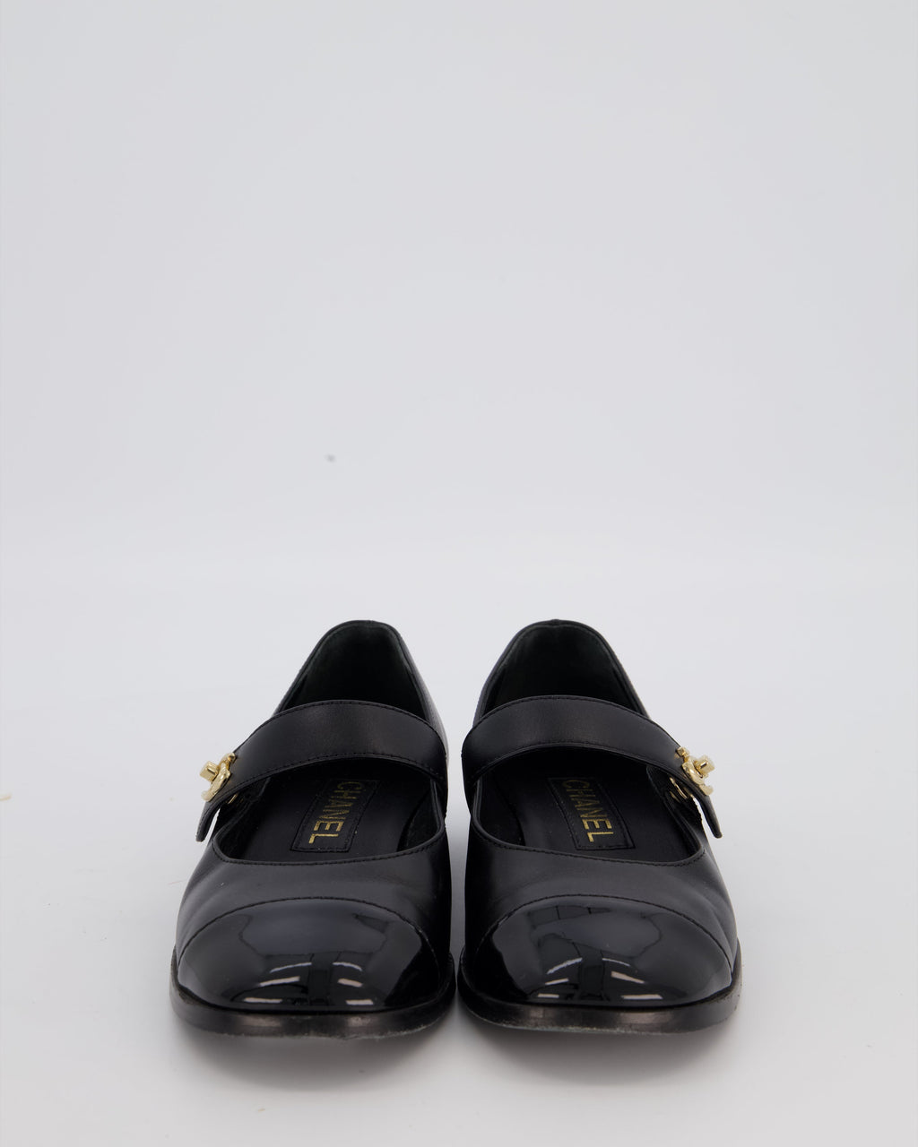 Chanel Black Patent Toe Mary Jane Shoes with CC Turn Lock Detail Size EU 37
