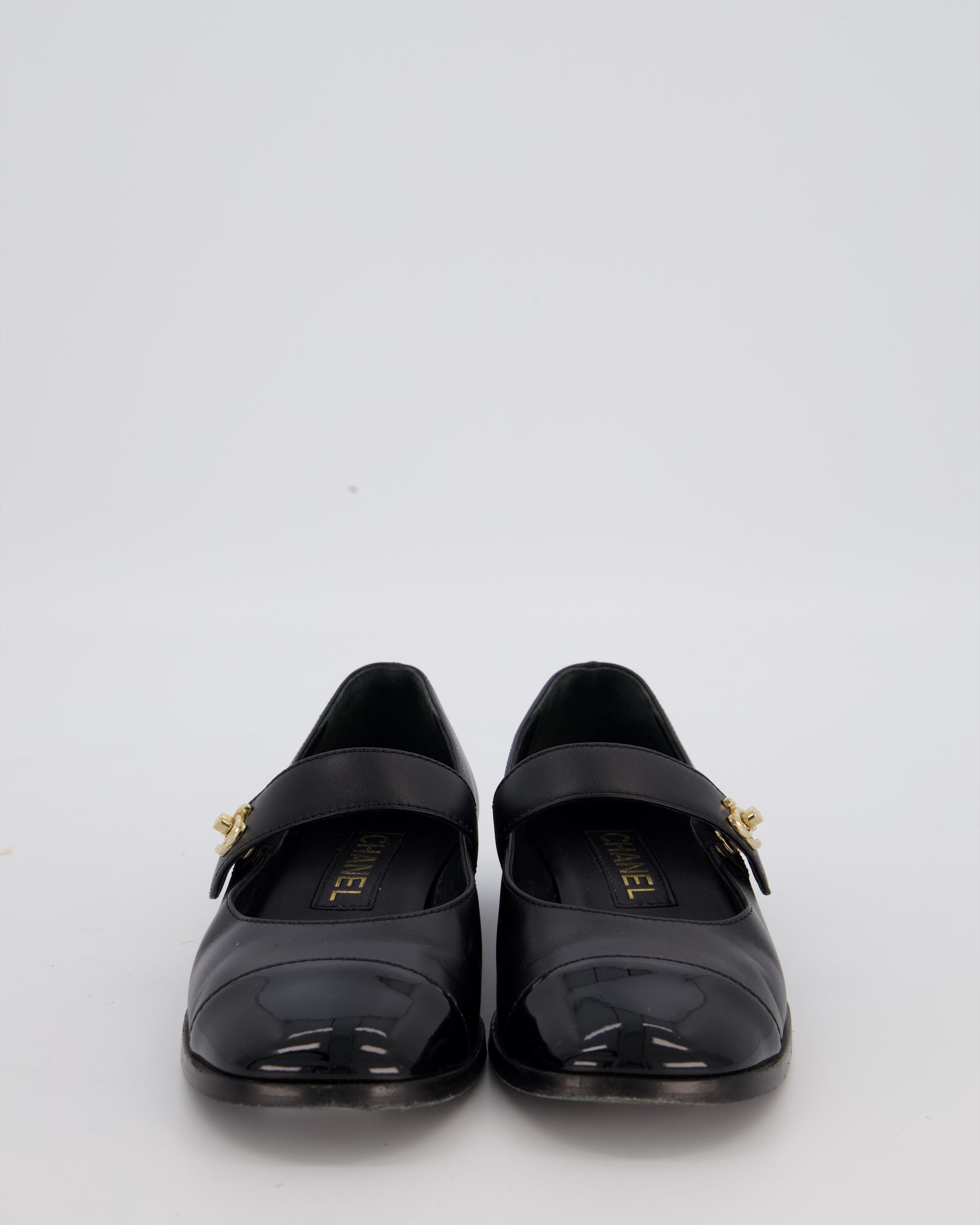 Chanel Black Patent Toe Mary Jane Shoes with CC Turn Lock Detail Size EU 37