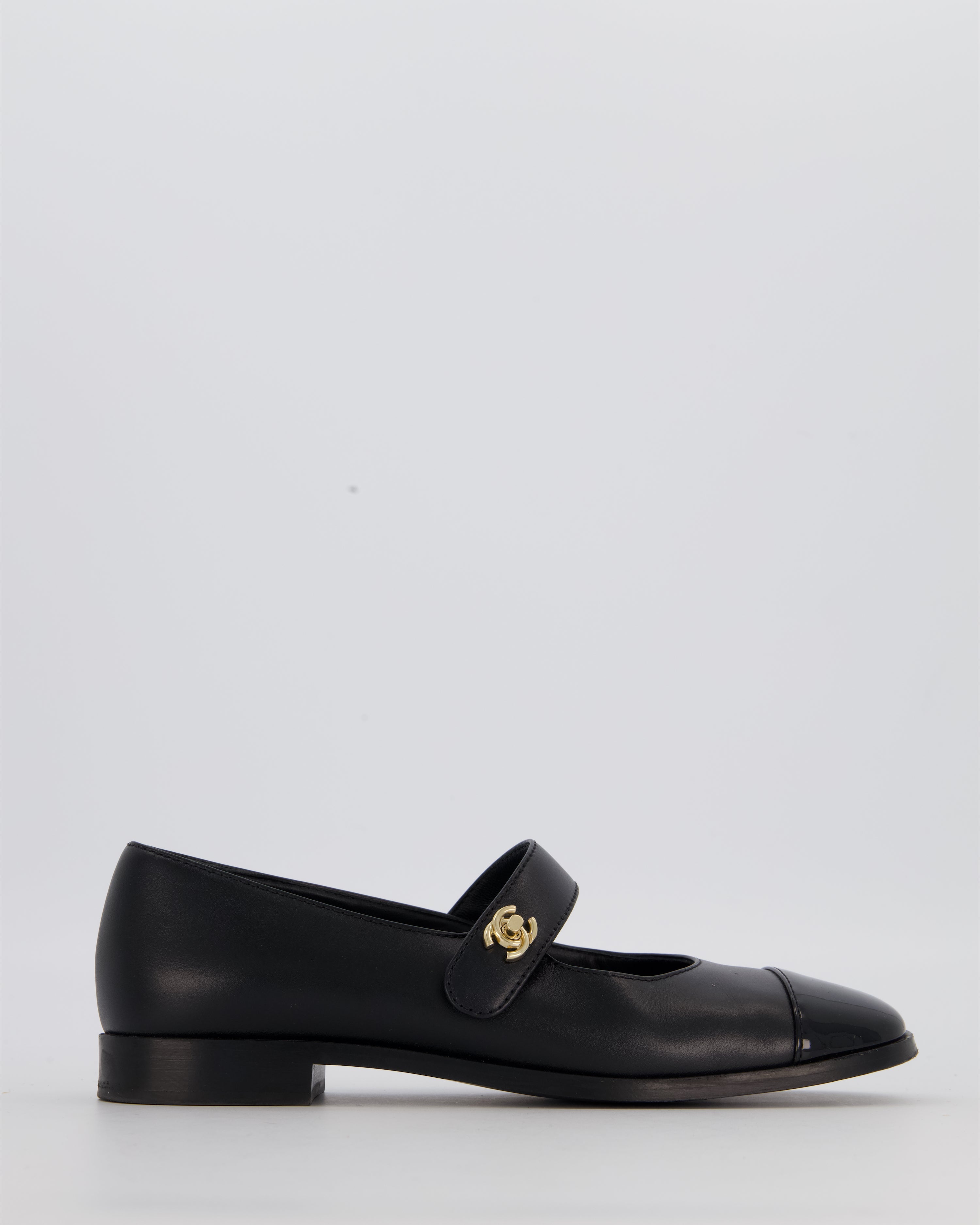 Chanel Black Patent Toe Mary Jane Shoes with CC Turn Lock Detail Size EU 37