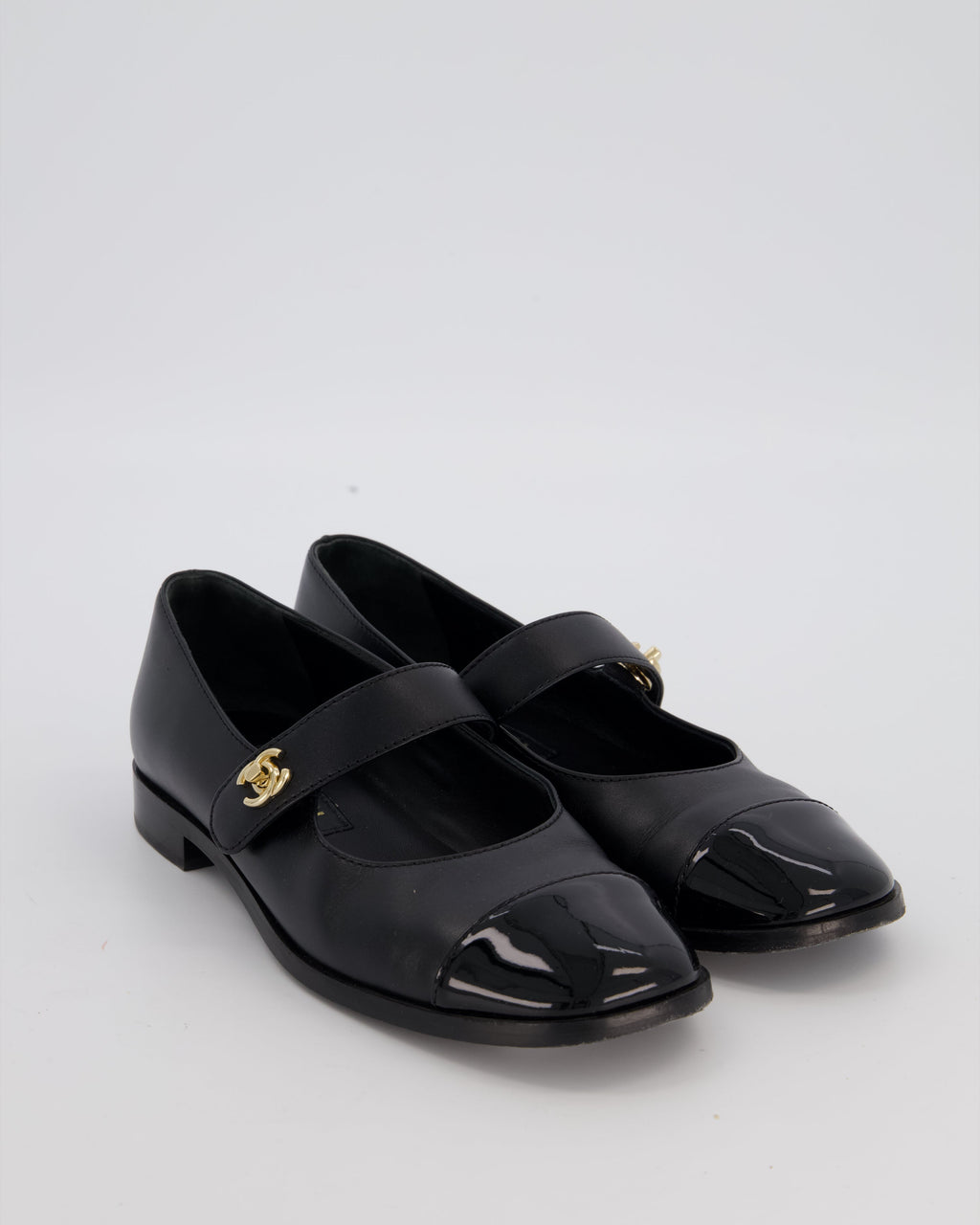 Chanel Black Patent Toe Mary Jane Shoes with CC Turn Lock Detail Size EU 37