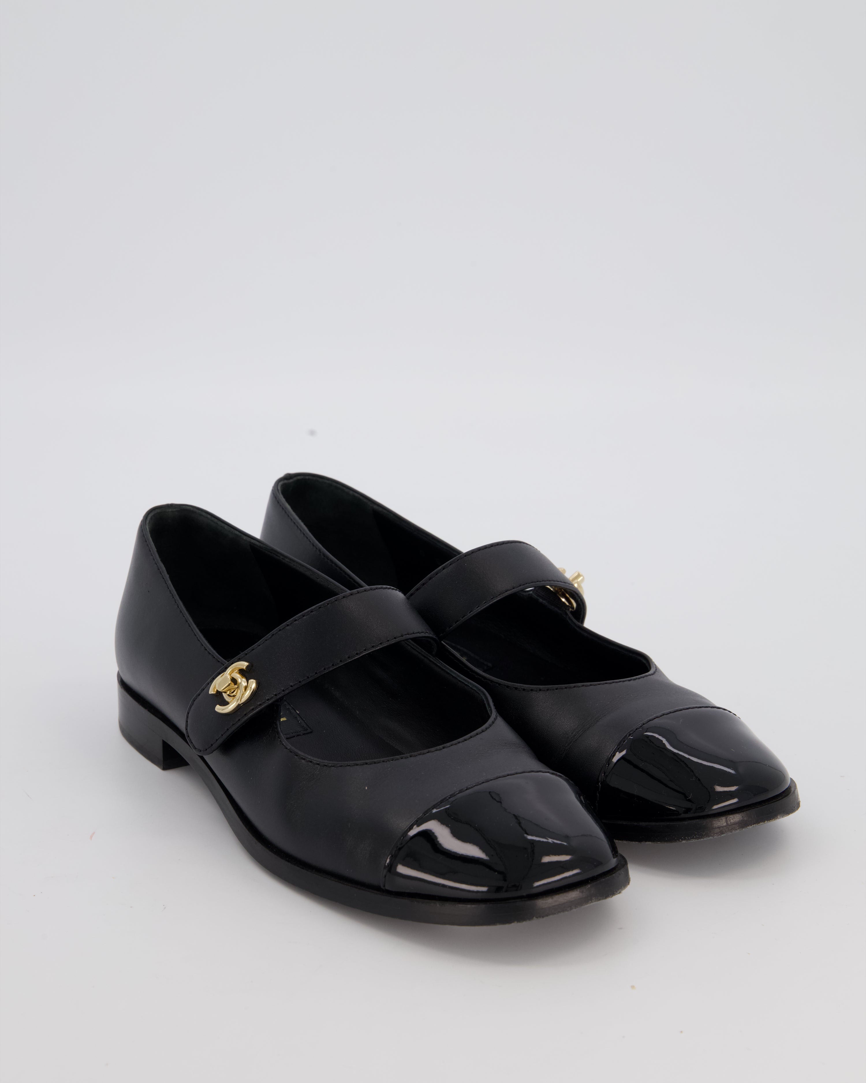Chanel Black Patent Toe Mary Jane Shoes with CC Turn Lock Detail Size EU 37