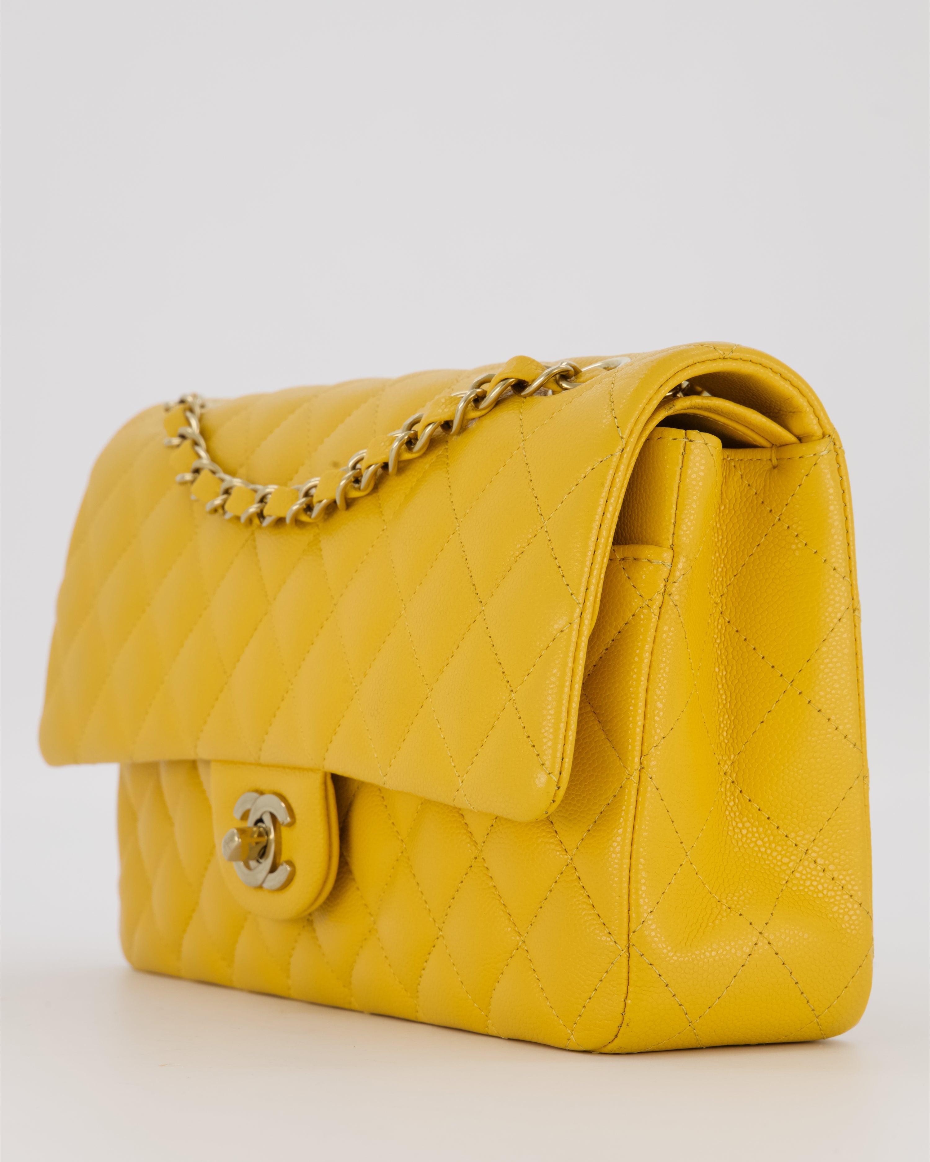 Chanel Amber Yellow Medium Classic Double Flap Bag in Caviar Leather with Champagne Gold Hardware