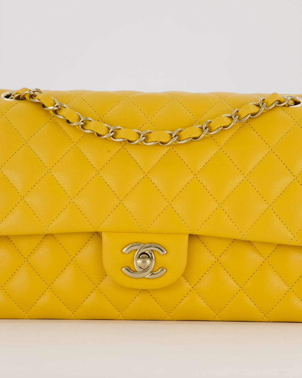 Chanel Amber Yellow Medium Classic Double Flap Bag in Caviar Leather with Champagne Gold Hardware