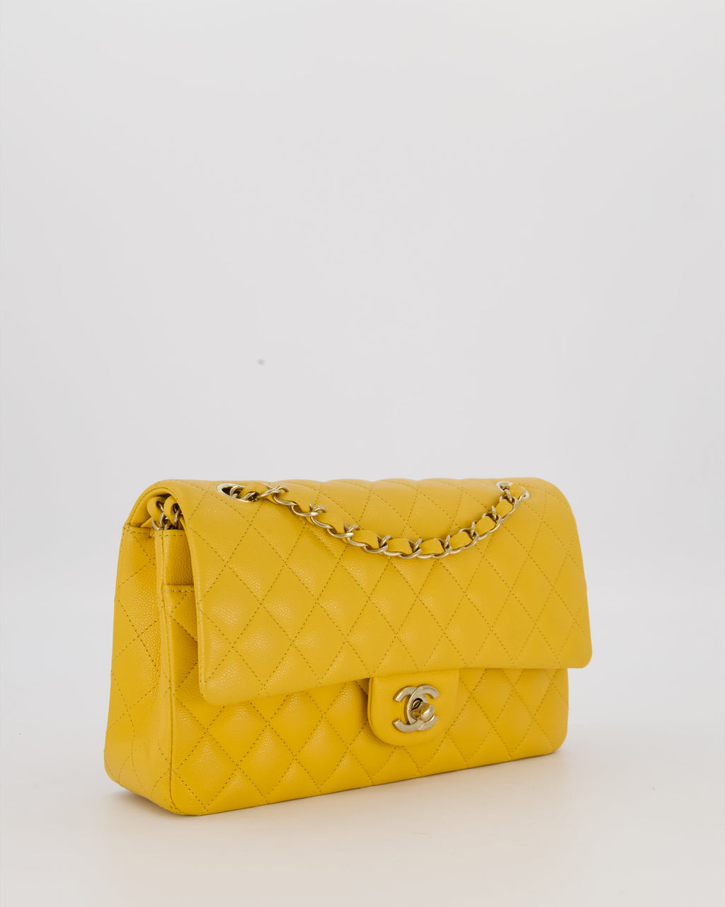 Chanel Amber Yellow Medium Classic Double Flap Bag in Caviar Leather with Champagne Gold Hardware