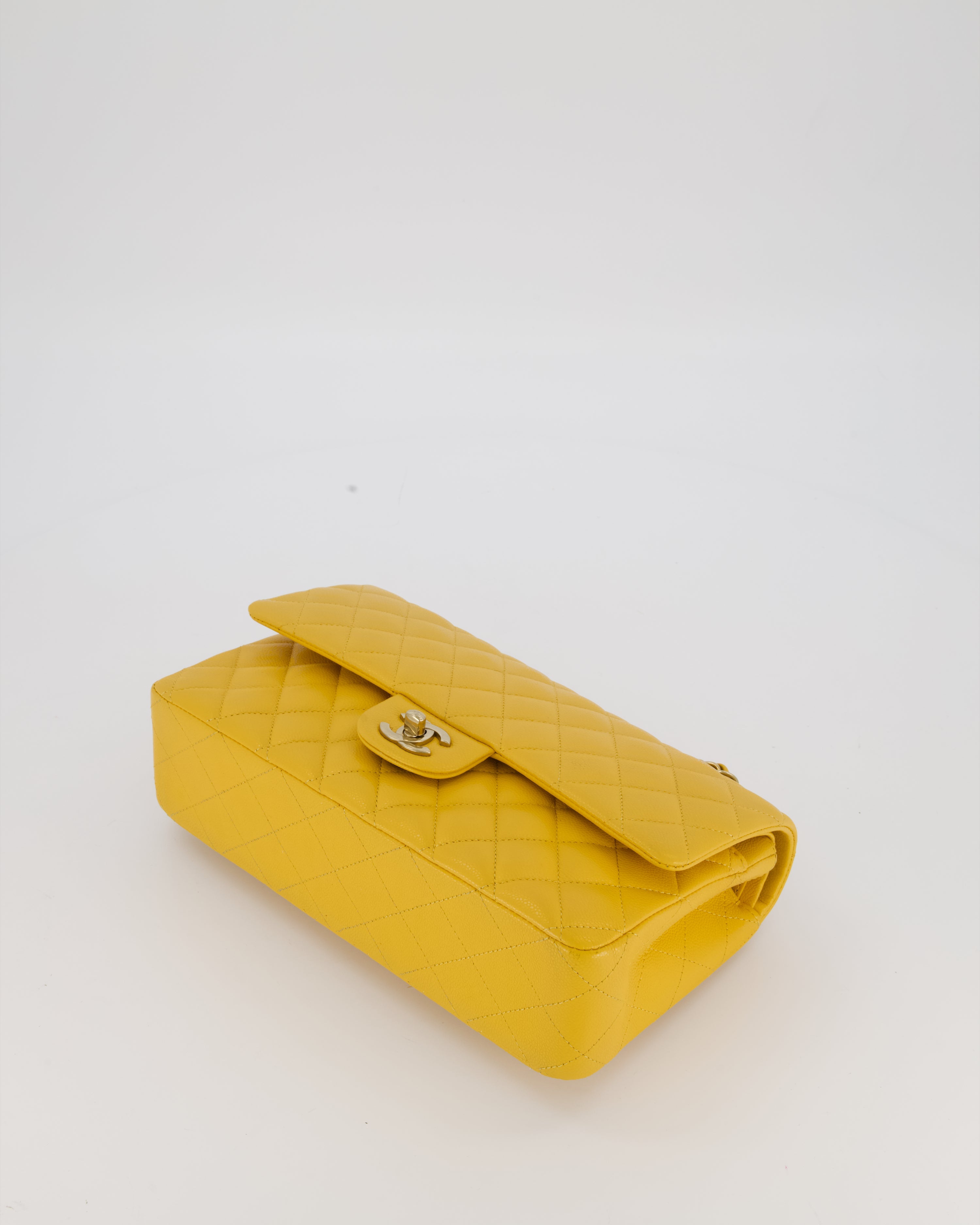 Chanel Amber Yellow Medium Classic Double Flap Bag in Caviar Leather with Champagne Gold Hardware