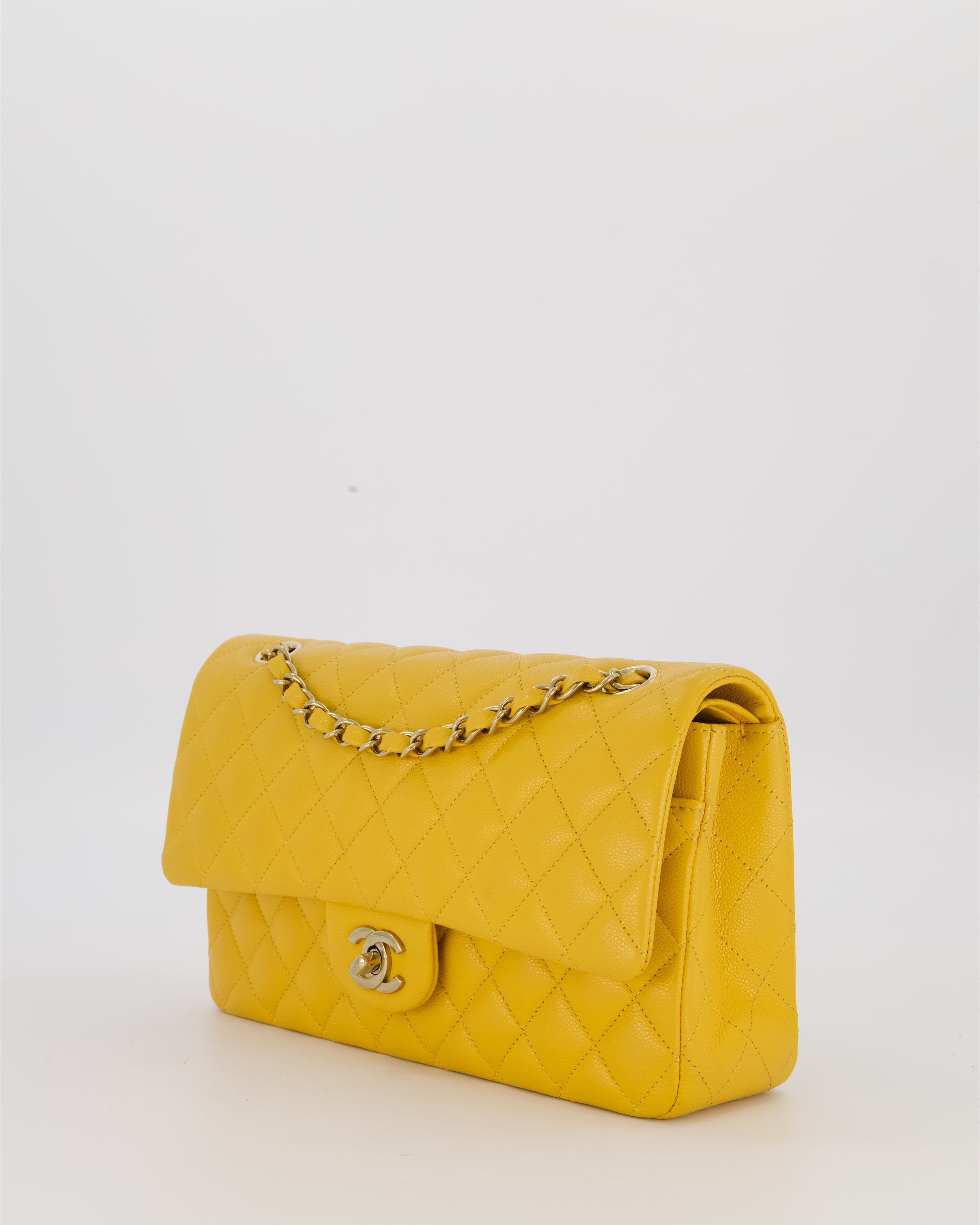 Chanel Amber Yellow Medium Classic Double Flap Bag in Caviar Leather with Champagne Gold Hardware