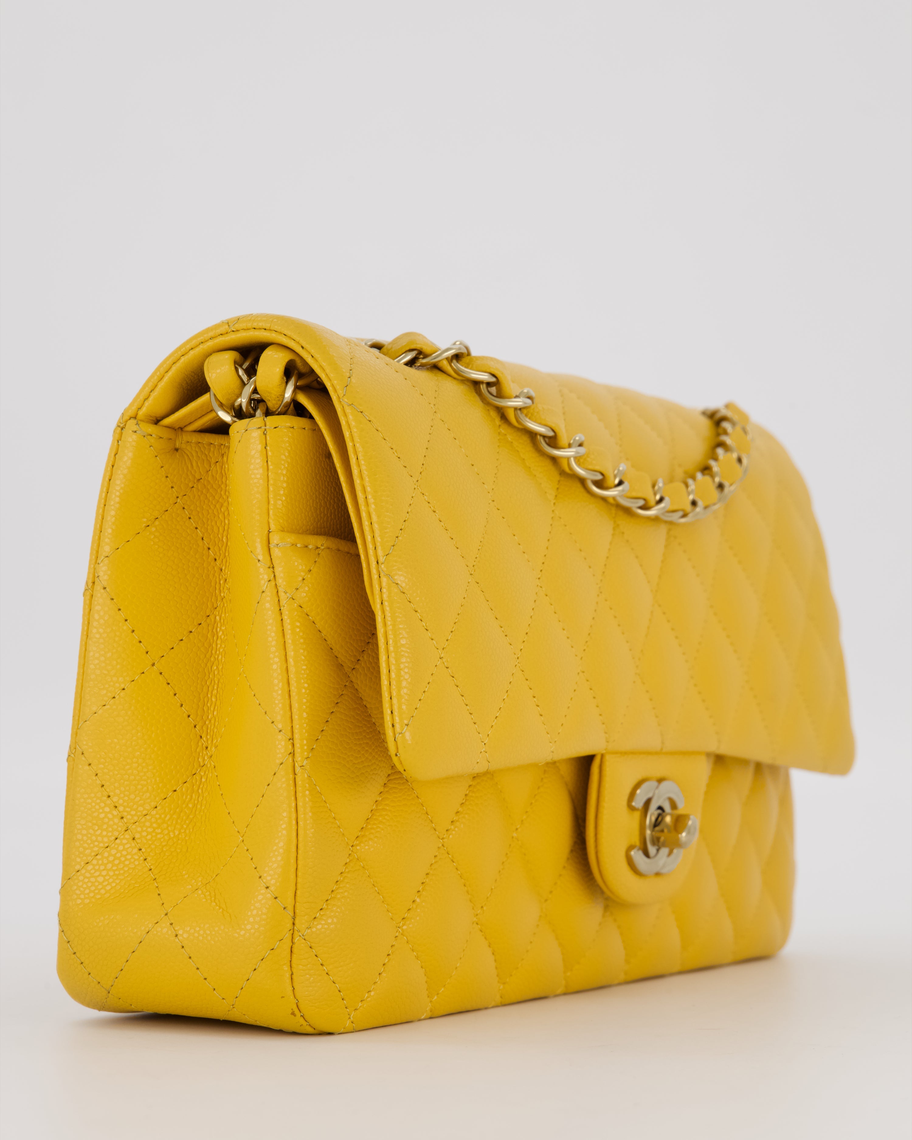 Chanel Amber Yellow Medium Classic Double Flap Bag in Caviar Leather with Champagne Gold Hardware