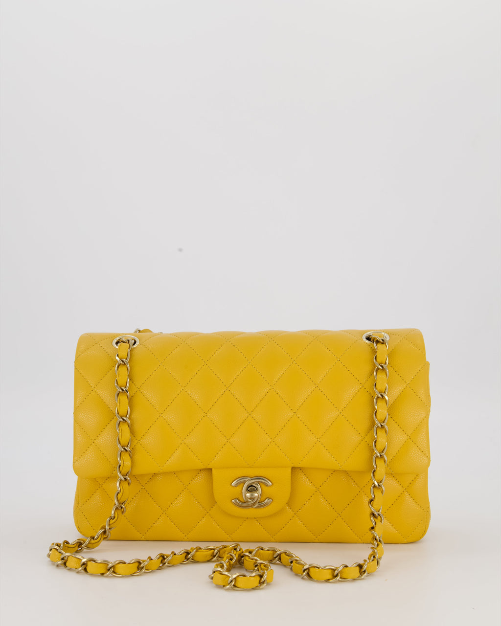 Chanel Amber Yellow Medium Classic Double Flap Bag in Caviar Leather with Champagne Gold Hardware