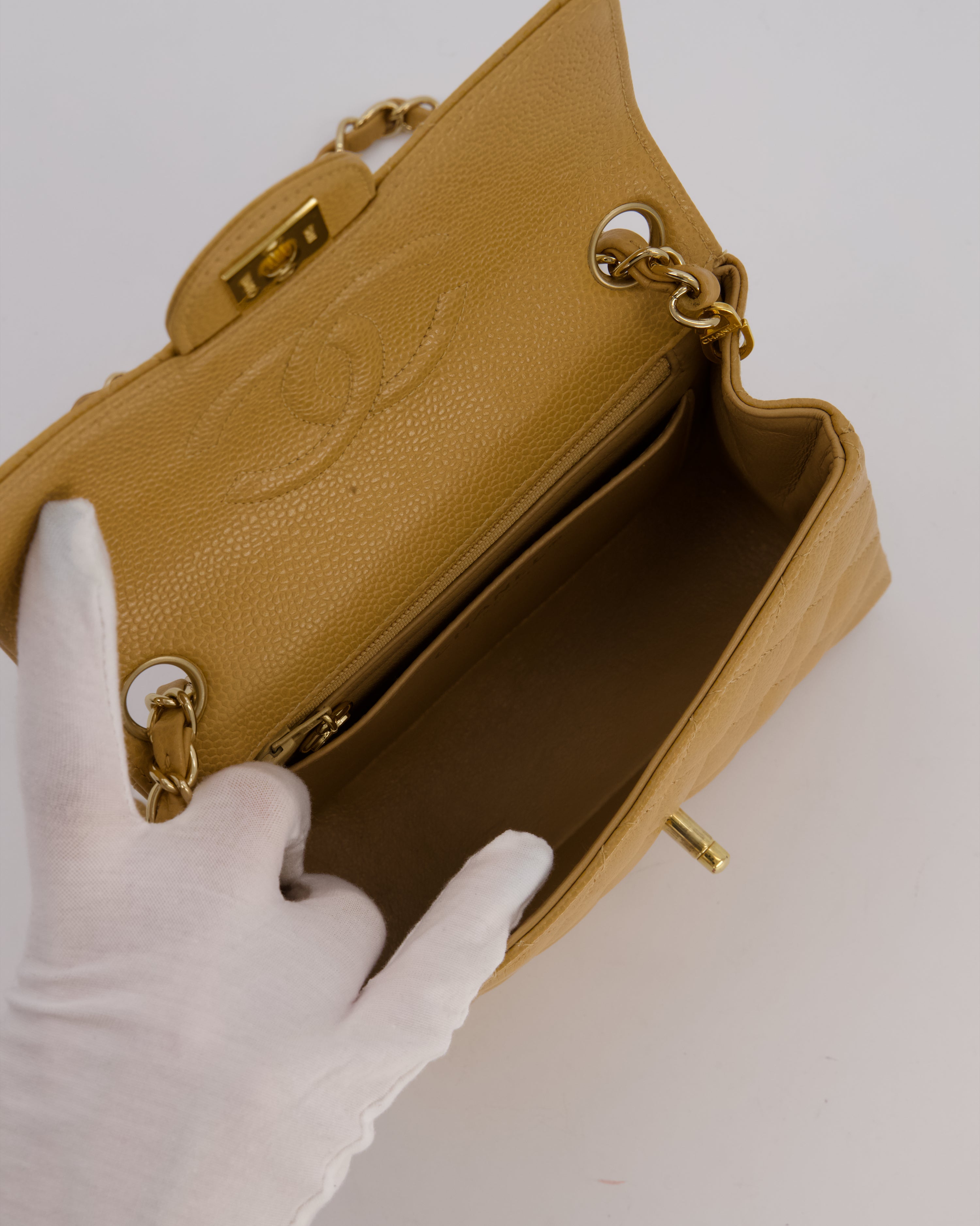 Chanel Vintage Mini Square Single Flap Bag In Caramel Caviar Leather With 24K Gold Hardware