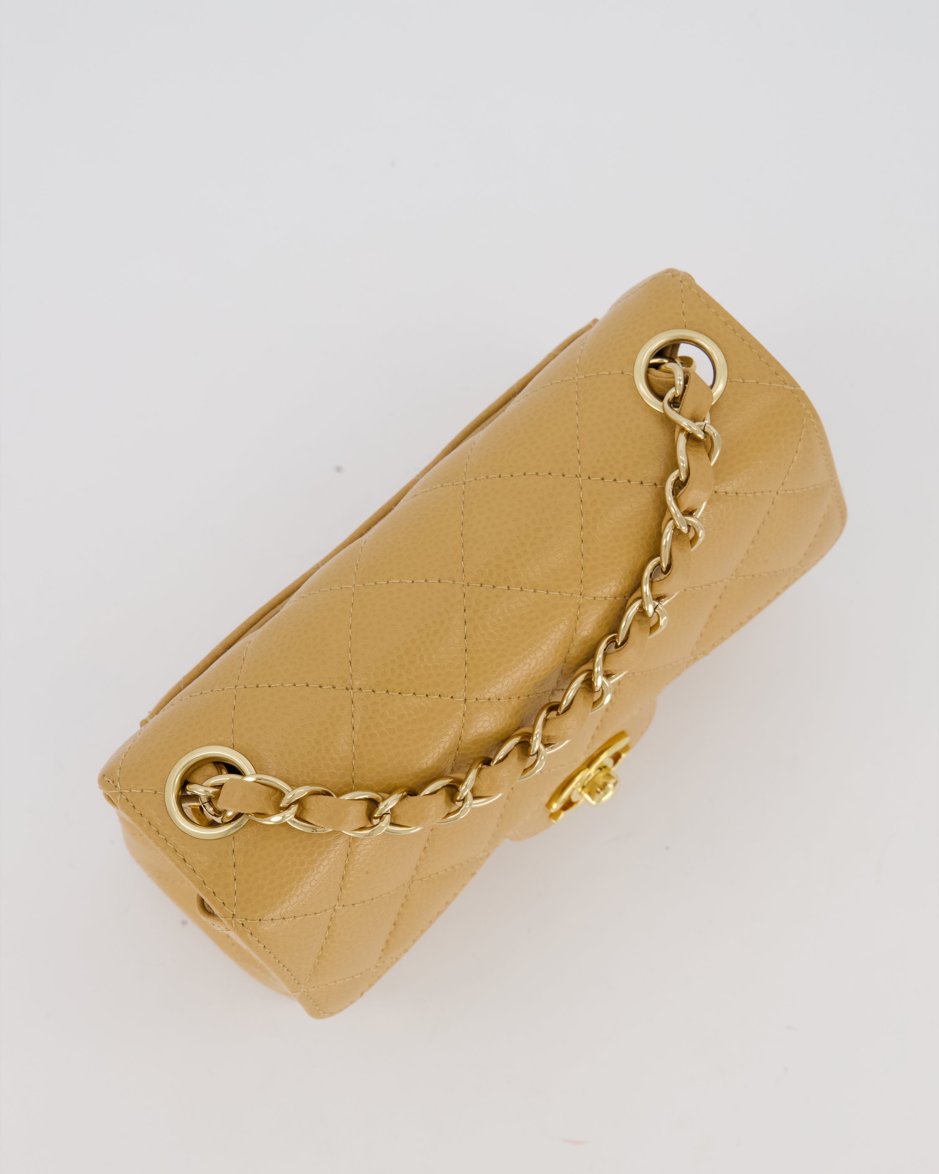 Chanel Vintage Mini Square Single Flap Bag In Caramel Caviar Leather With 24K Gold Hardware