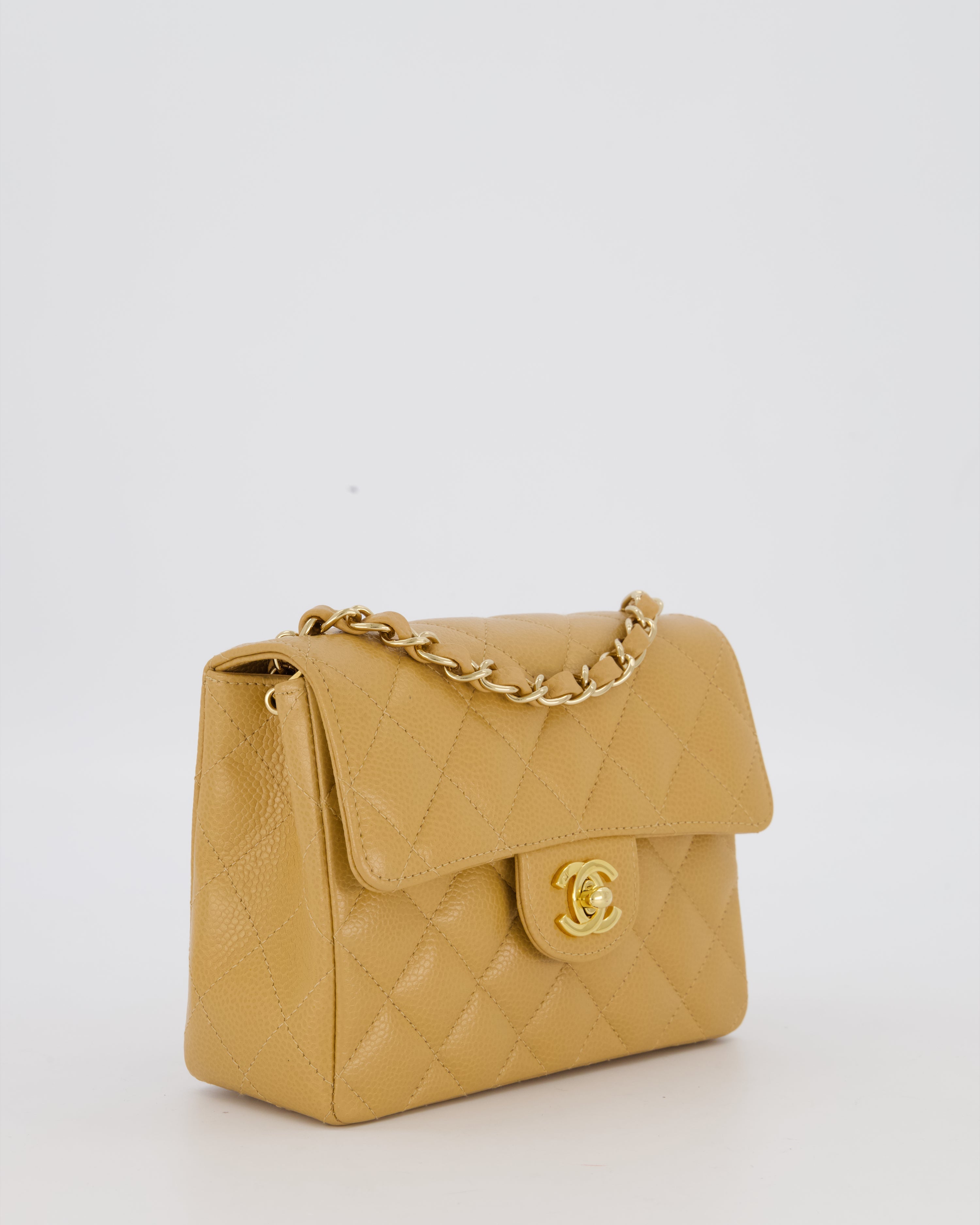 Chanel Vintage Mini Square Single Flap Bag In Caramel Caviar Leather With 24K Gold Hardware