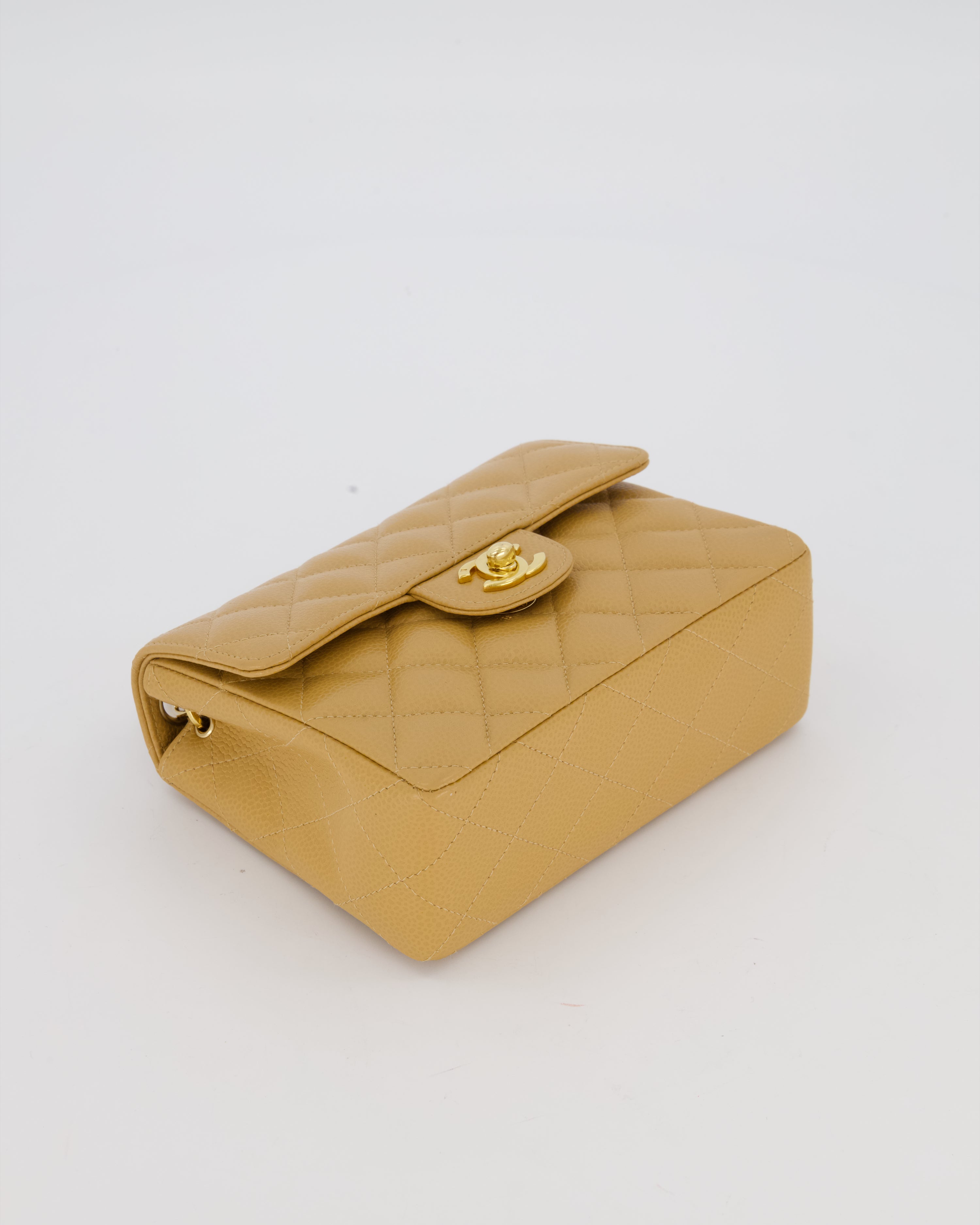 Chanel Vintage Mini Square Single Flap Bag In Caramel Caviar Leather With 24K Gold Hardware