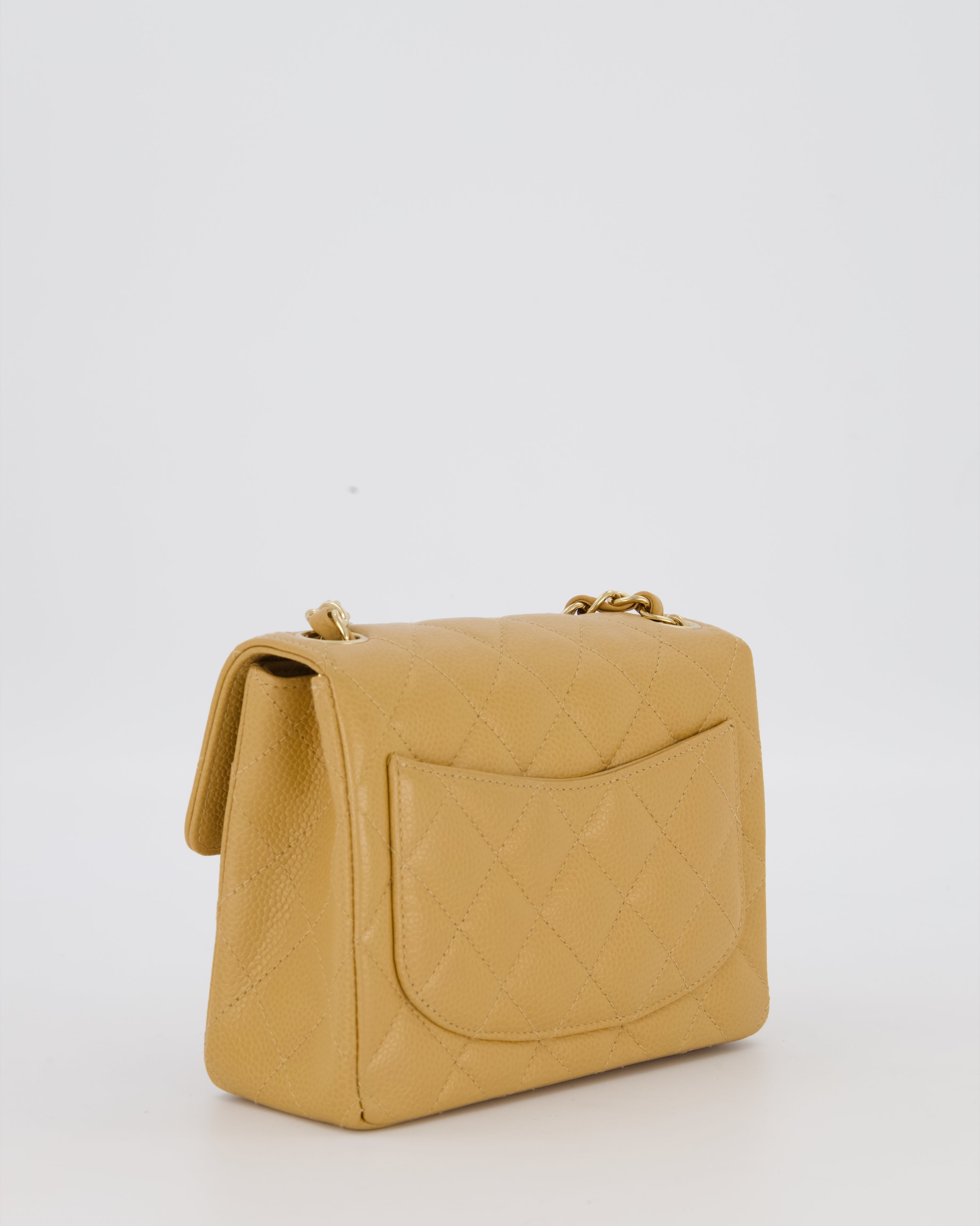 Chanel Vintage Mini Square Single Flap Bag In Caramel Caviar Leather With 24K Gold Hardware