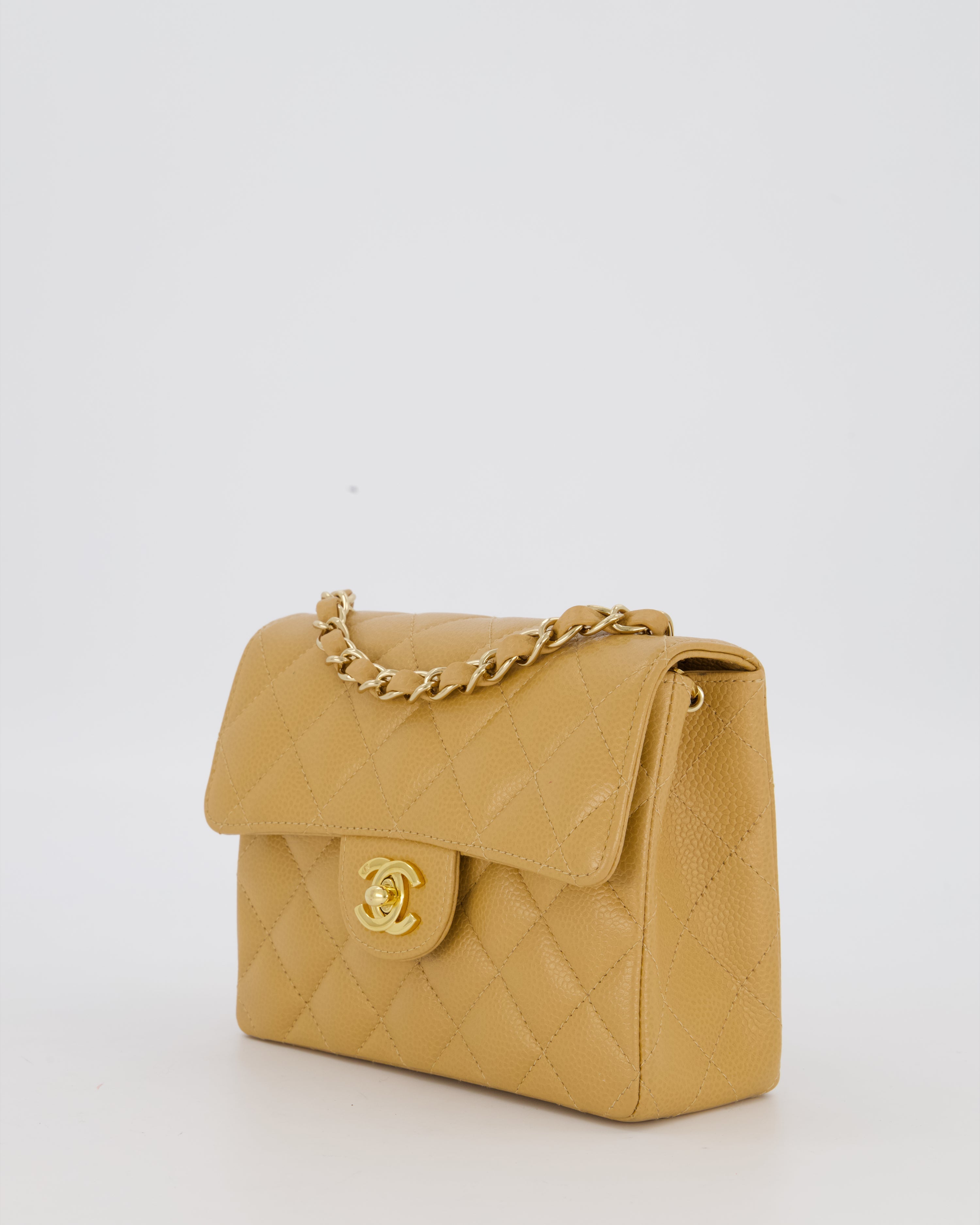Chanel Vintage Mini Square Single Flap Bag In Caramel Caviar Leather With 24K Gold Hardware