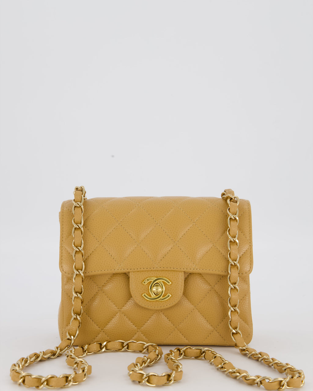 Chanel Vintage Mini Square Single Flap Bag In Caramel Caviar Leather With 24K Gold Hardware