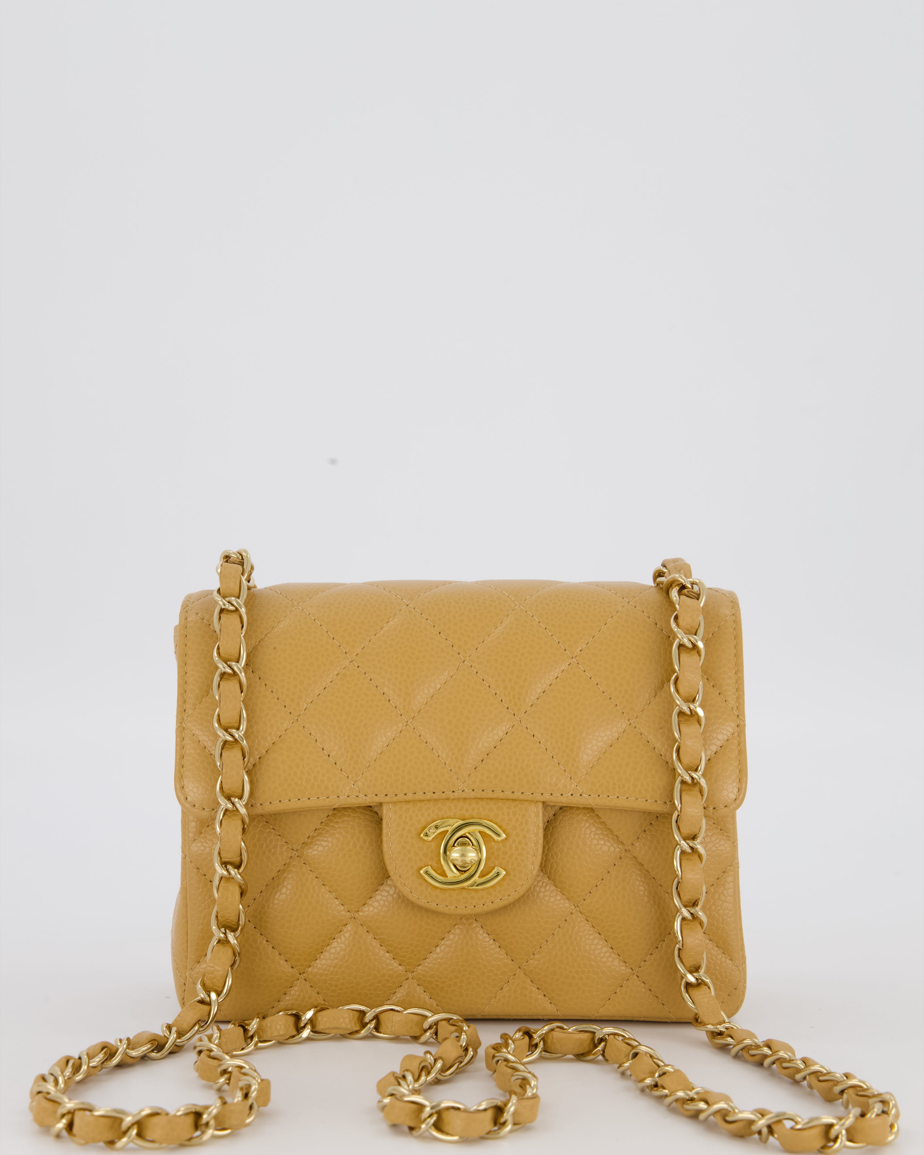 Chanel Vintage Mini Square Single Flap Bag In Caramel Caviar Leather With 24K Gold Hardware