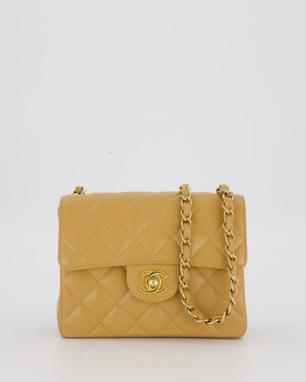 Chanel Vintage Mini Square Single Flap Bag In Caramel Caviar Leather With 24K Gold Hardware