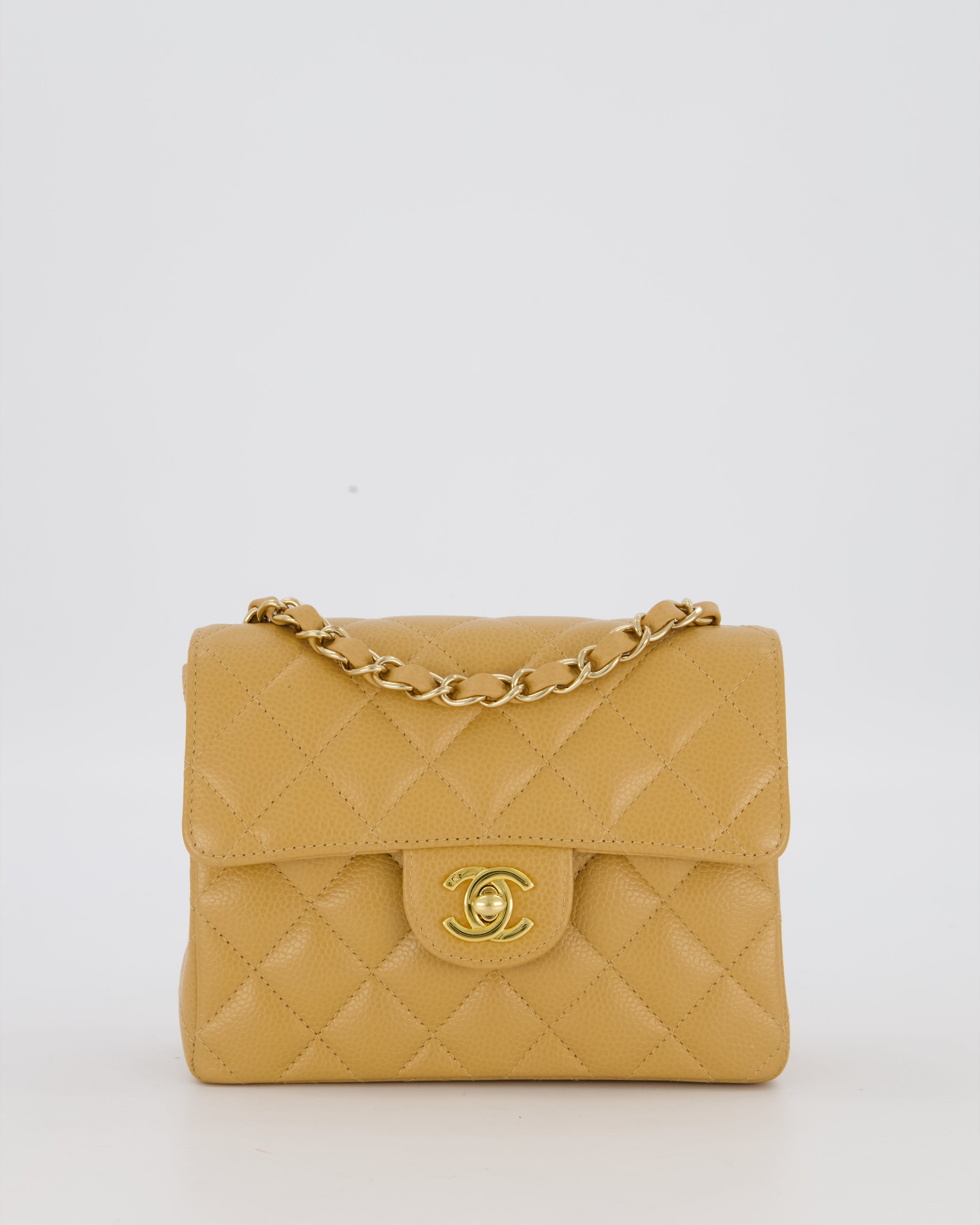 Chanel Vintage Mini Square Single Flap Bag In Caramel Caviar Leather With 24K Gold Hardware