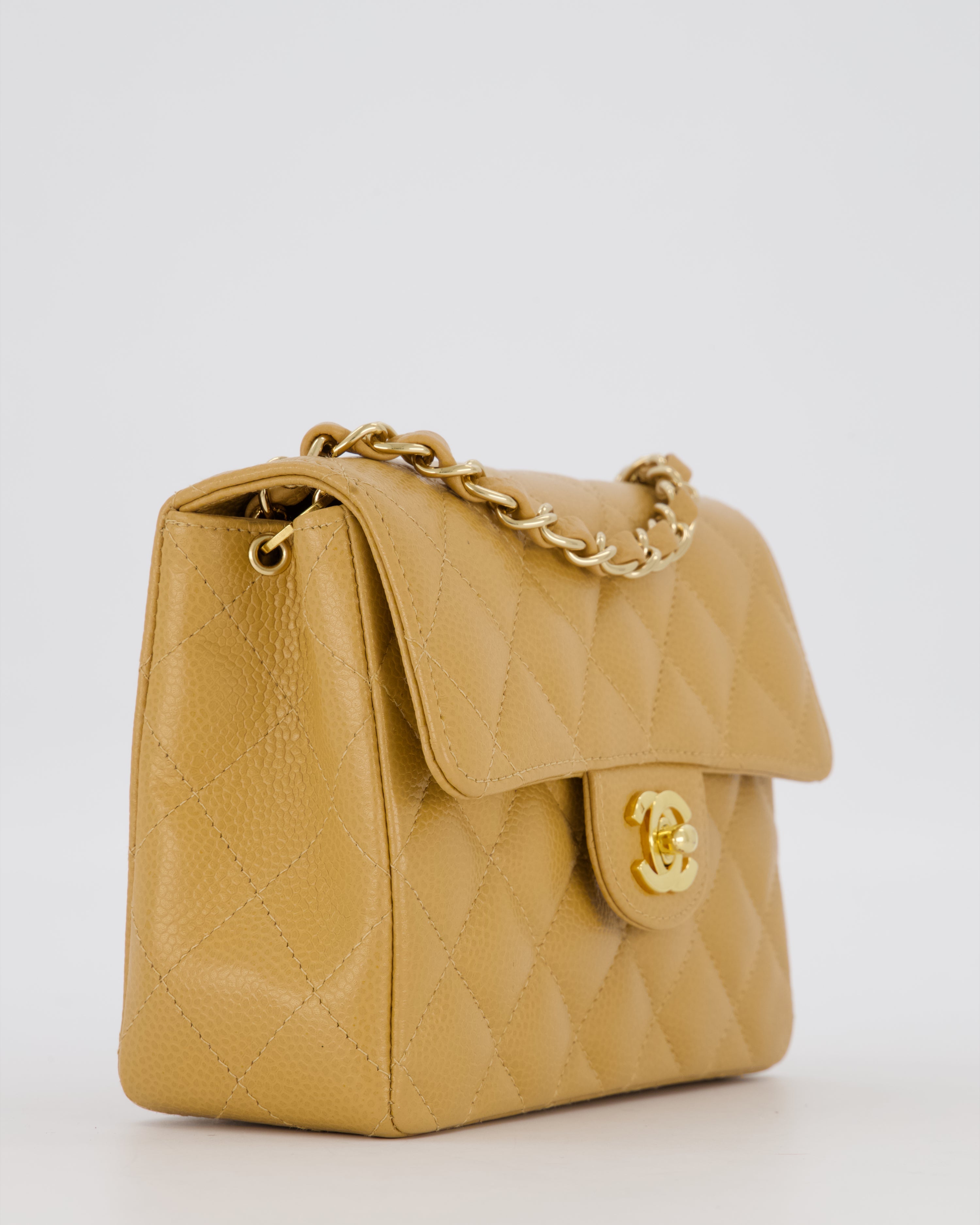 Chanel Vintage Mini Square Single Flap Bag In Caramel Caviar Leather With 24K Gold Hardware