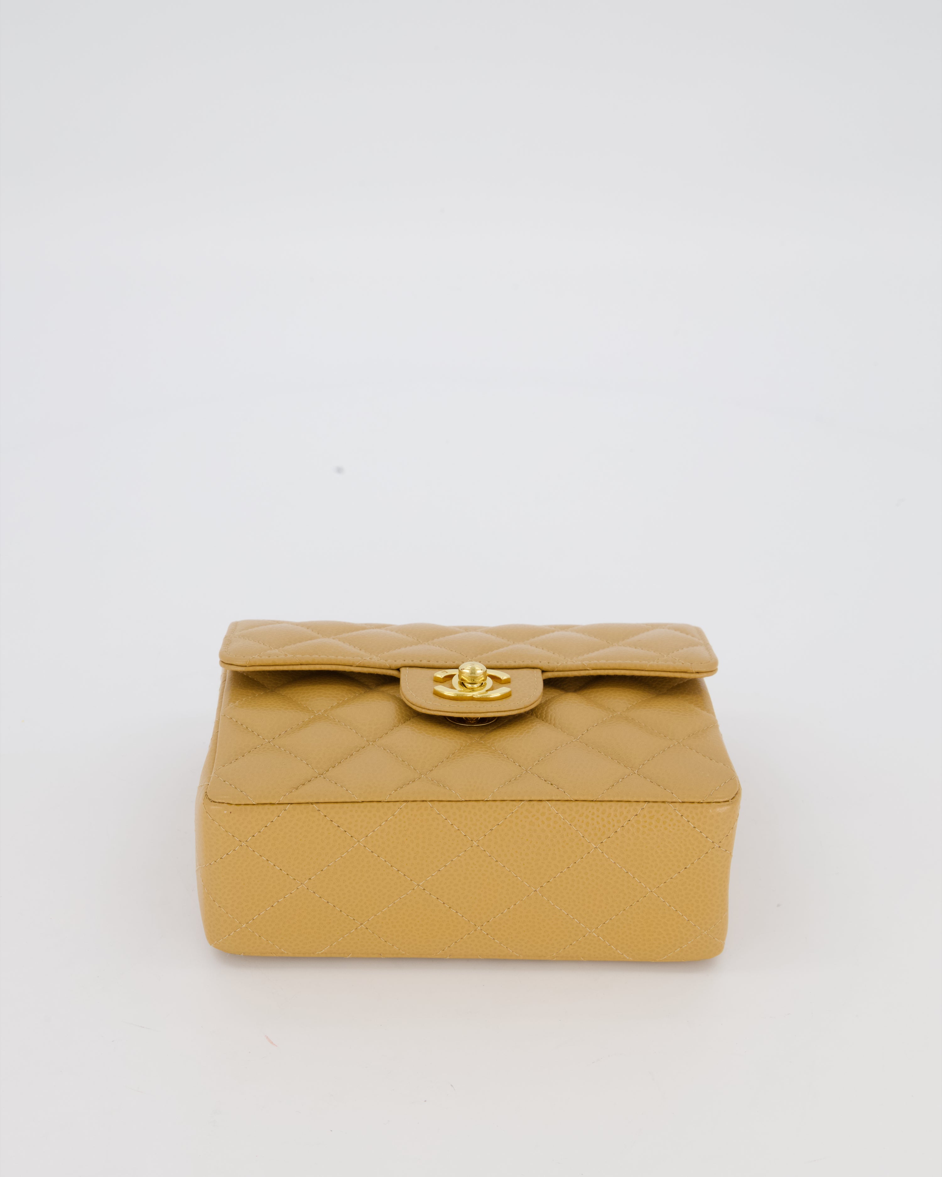Chanel Vintage Mini Square Single Flap Bag In Caramel Caviar Leather With 24K Gold Hardware