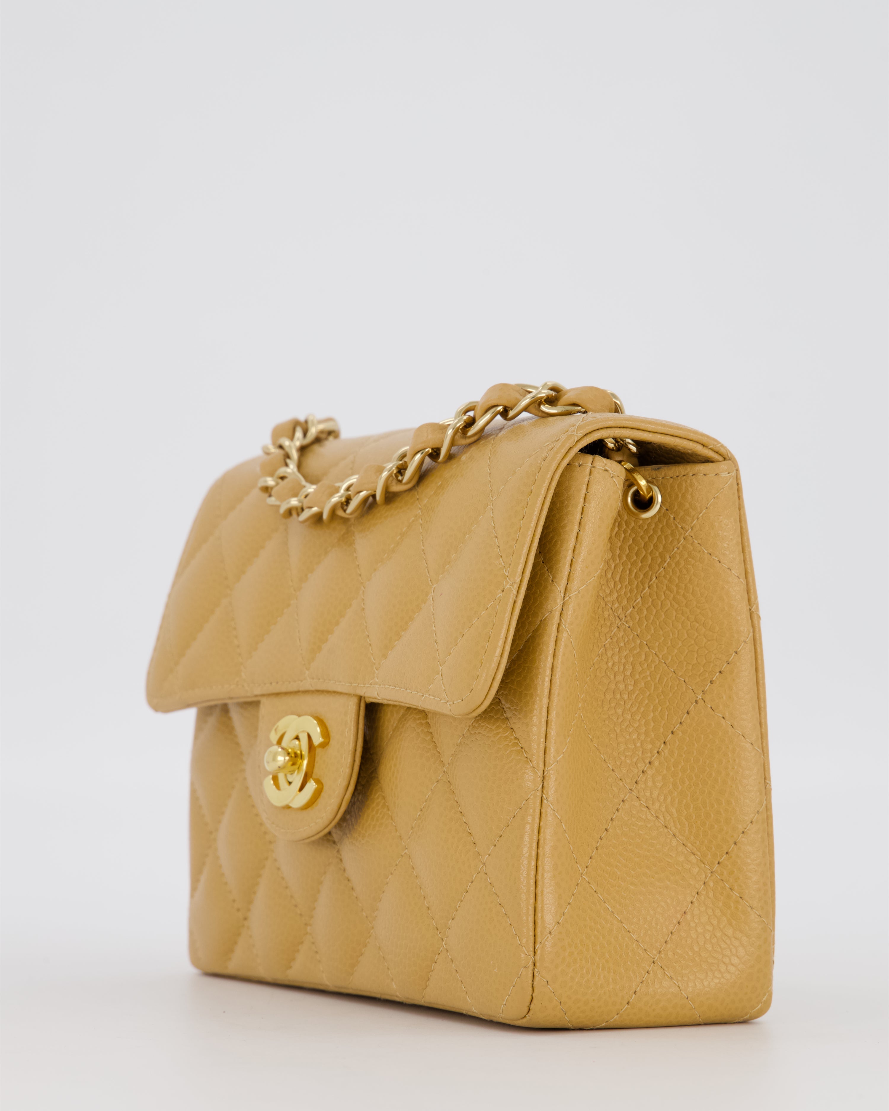 Chanel Vintage Mini Square Single Flap Bag In Caramel Caviar Leather With 24K Gold Hardware