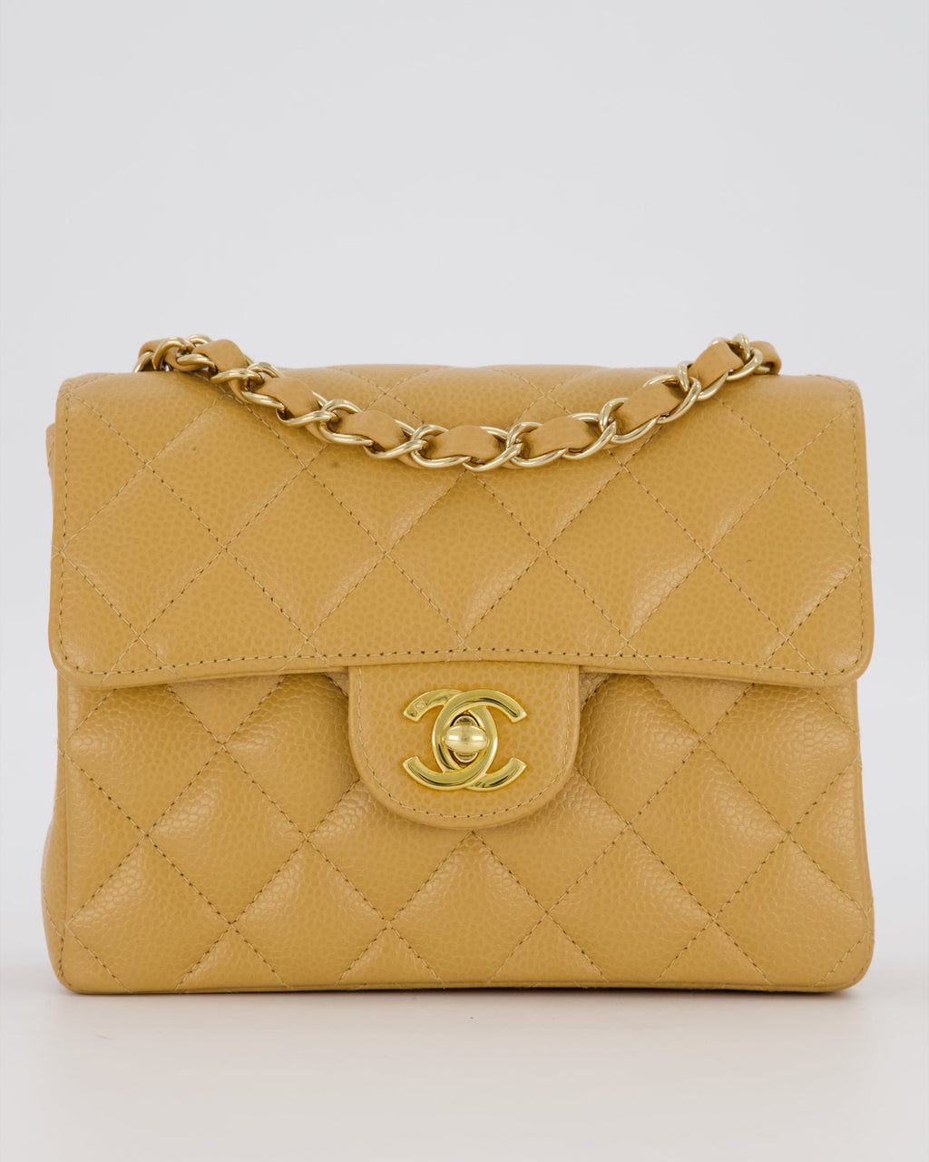 Chanel Vintage Mini Square Single Flap Bag In Caramel Caviar Leather With 24K Gold Hardware