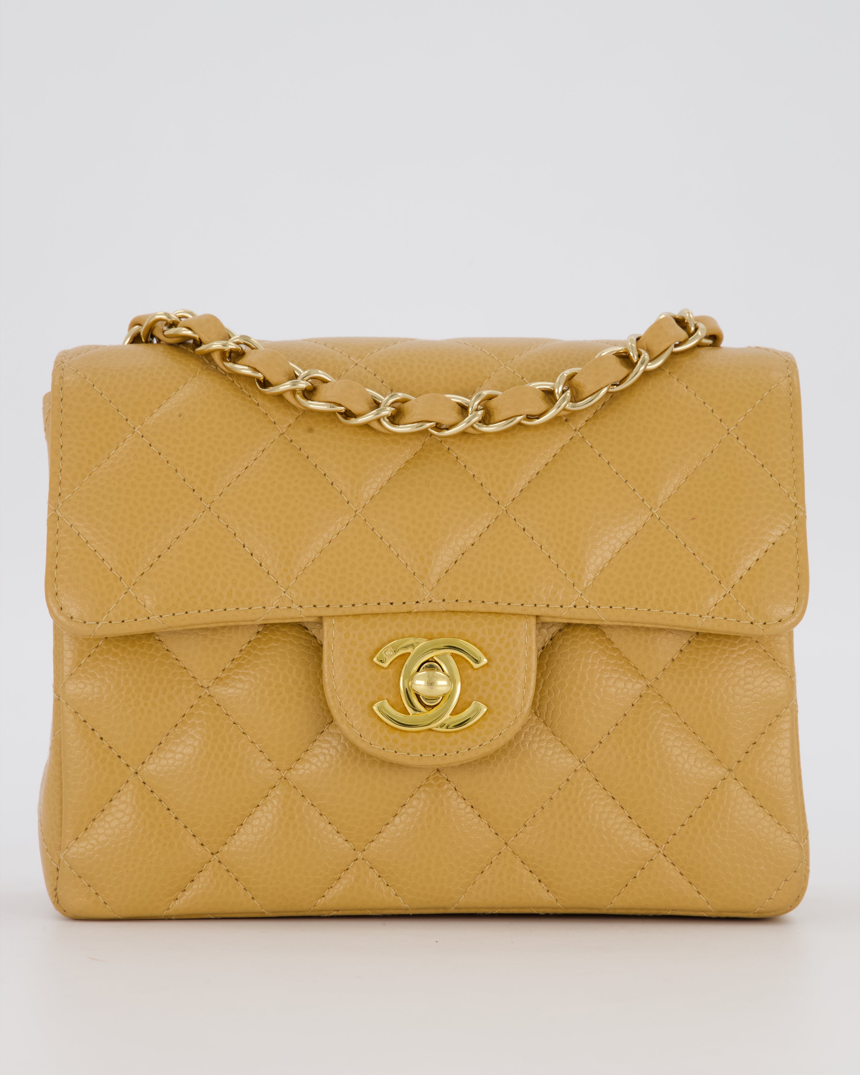 Chanel Vintage Mini Square Single Flap Bag In Caramel Caviar Leather With 24K Gold Hardware