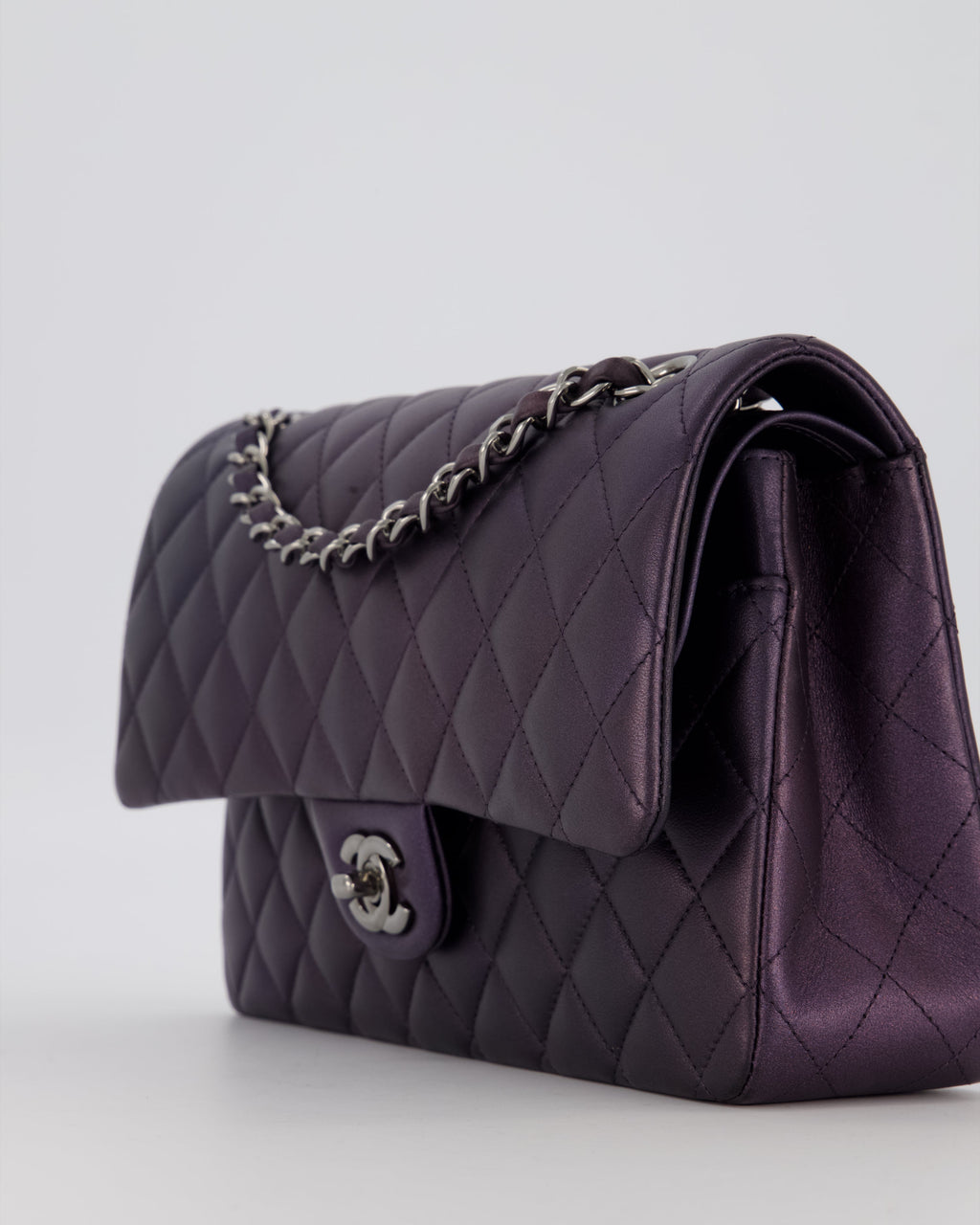 Chanel Purple Iridescent Medium Classic Double Flap Bag in Lambskin Leather with Ruthenium Hardware