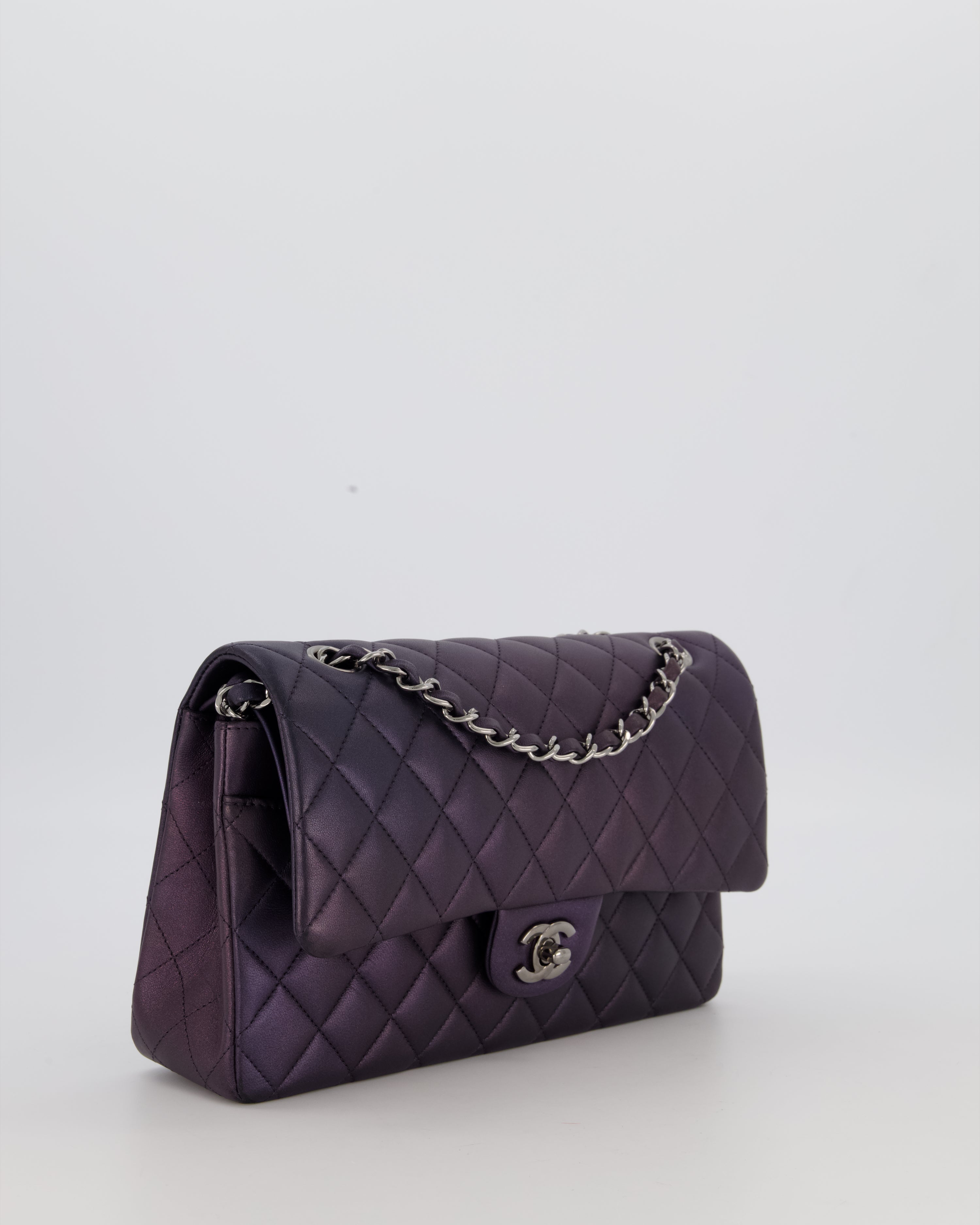 Chanel Purple Iridescent Medium Classic Double Flap Bag in Lambskin Leather with Ruthenium Hardware