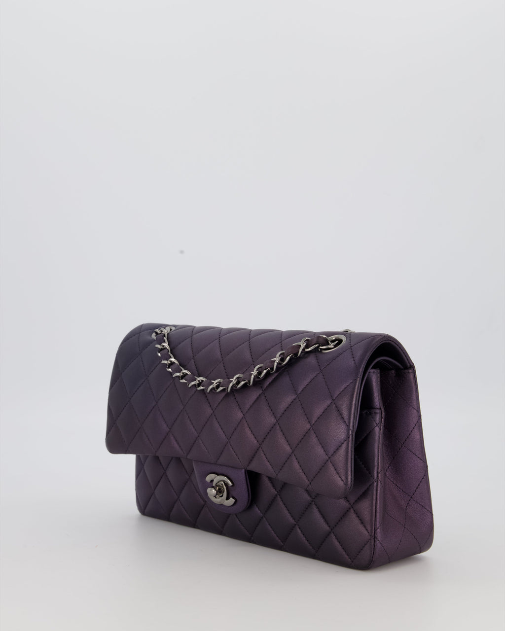 Chanel Purple Iridescent Medium Classic Double Flap Bag in Lambskin Leather with Ruthenium Hardware