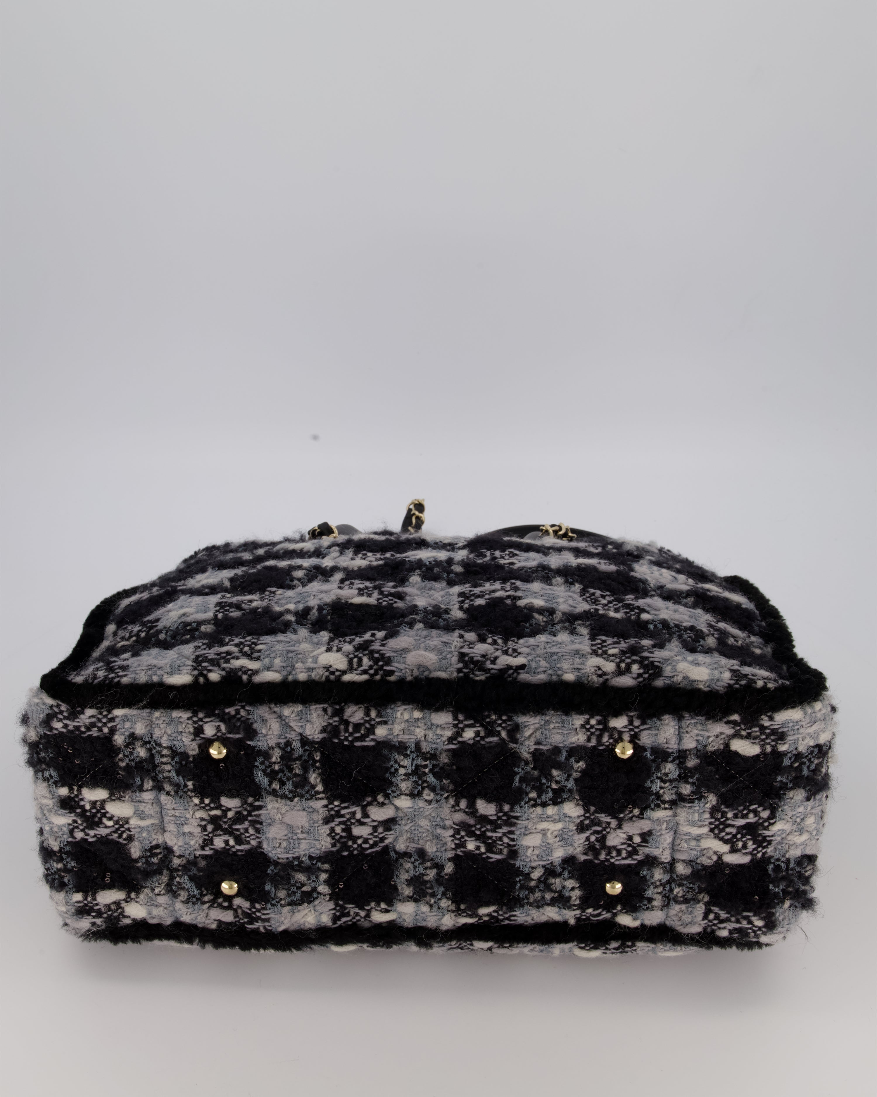 Chanel 25N Grey and Black Oqilted Tweed Shopping Tote Bag With Champagne Gold Hardware and Leather Handle