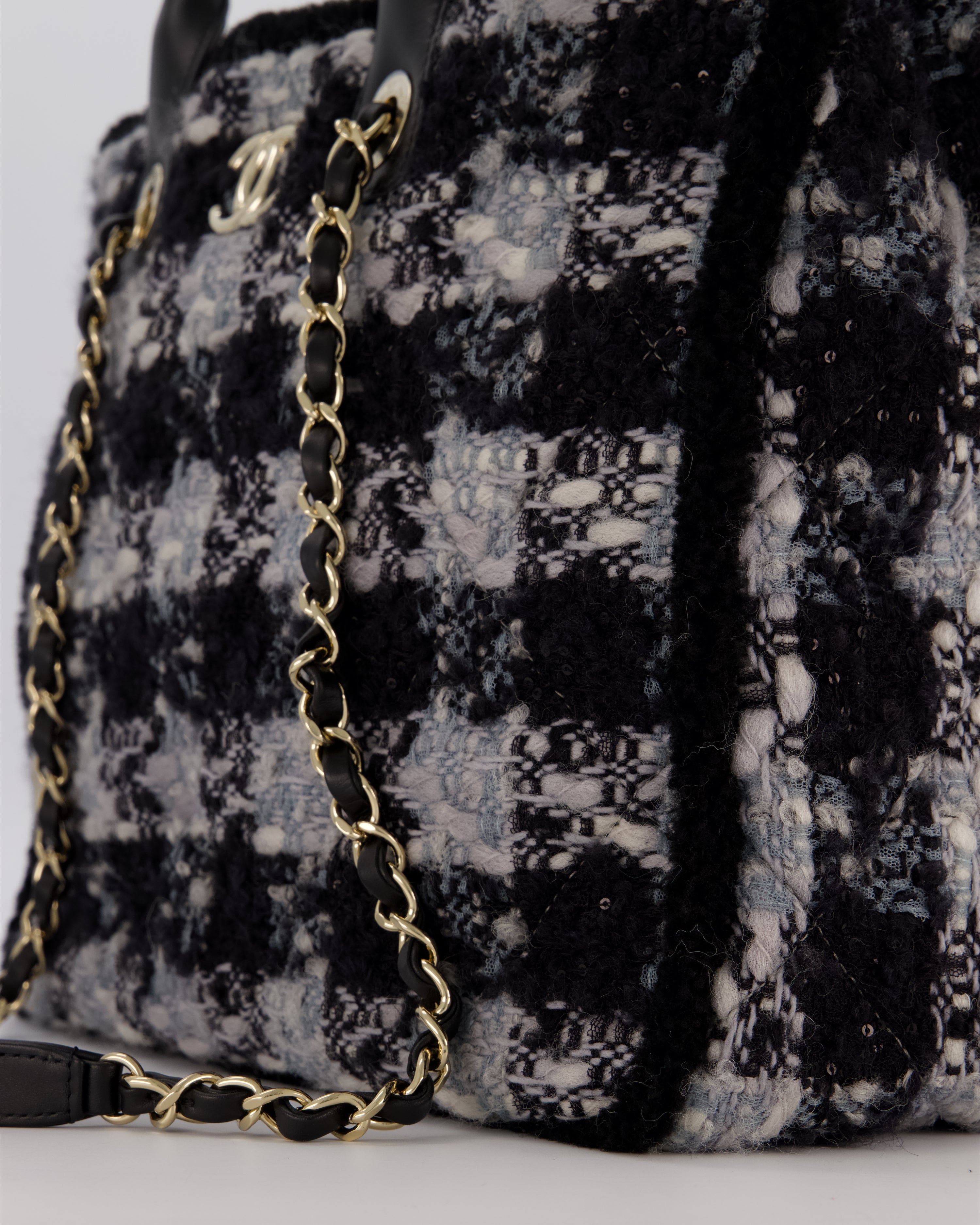 Chanel 25N Grey and Black Oqilted Tweed Shopping Tote Bag With Champagne Gold Hardware and Leather Handle