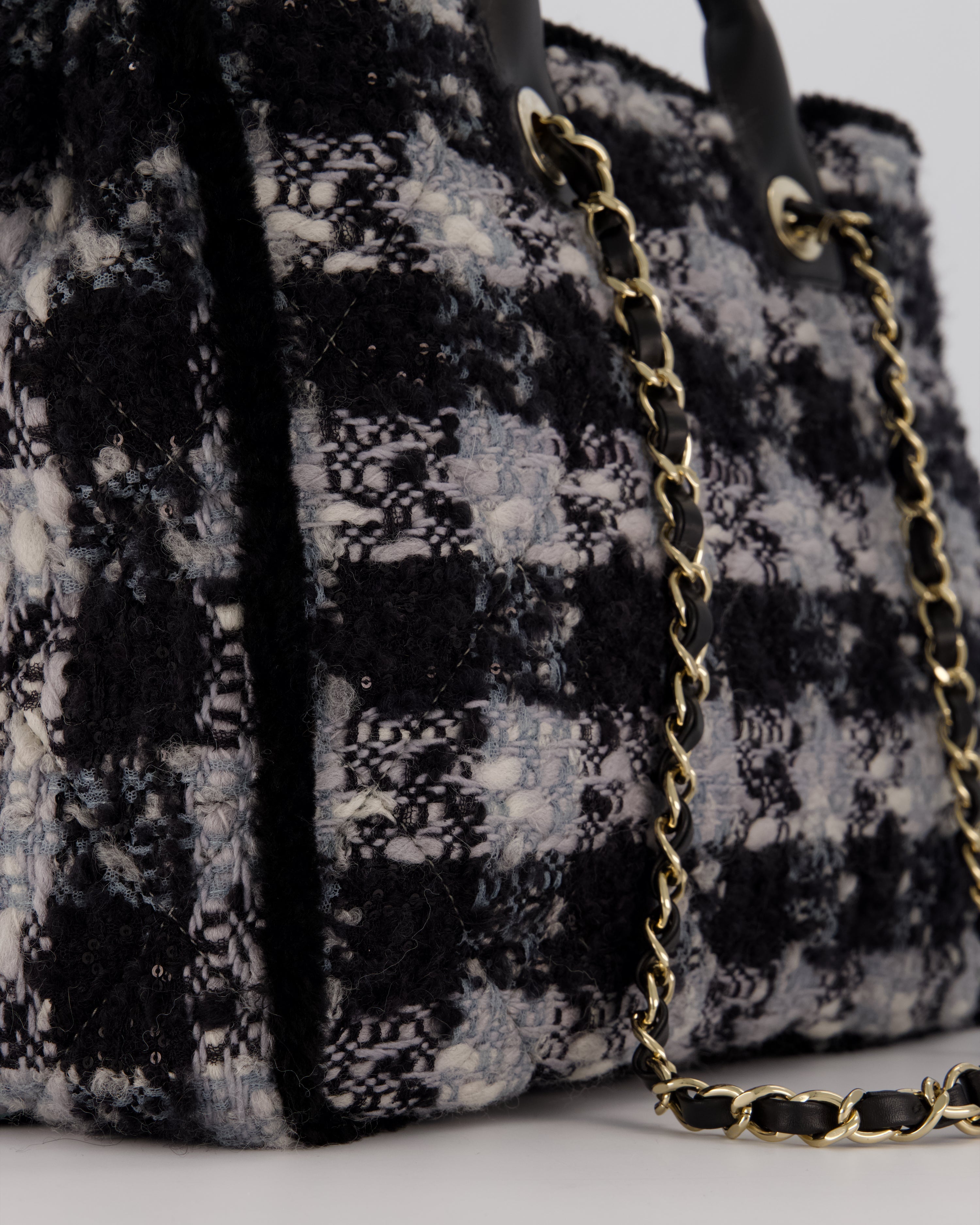 Chanel 25N Grey and Black Oqilted Tweed Shopping Tote Bag With Champagne Gold Hardware and Leather Handle