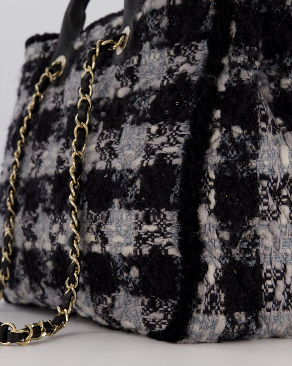 Chanel 25N Grey and Black Oqilted Tweed Shopping Tote Bag With Champagne Gold Hardware and Leather Handle