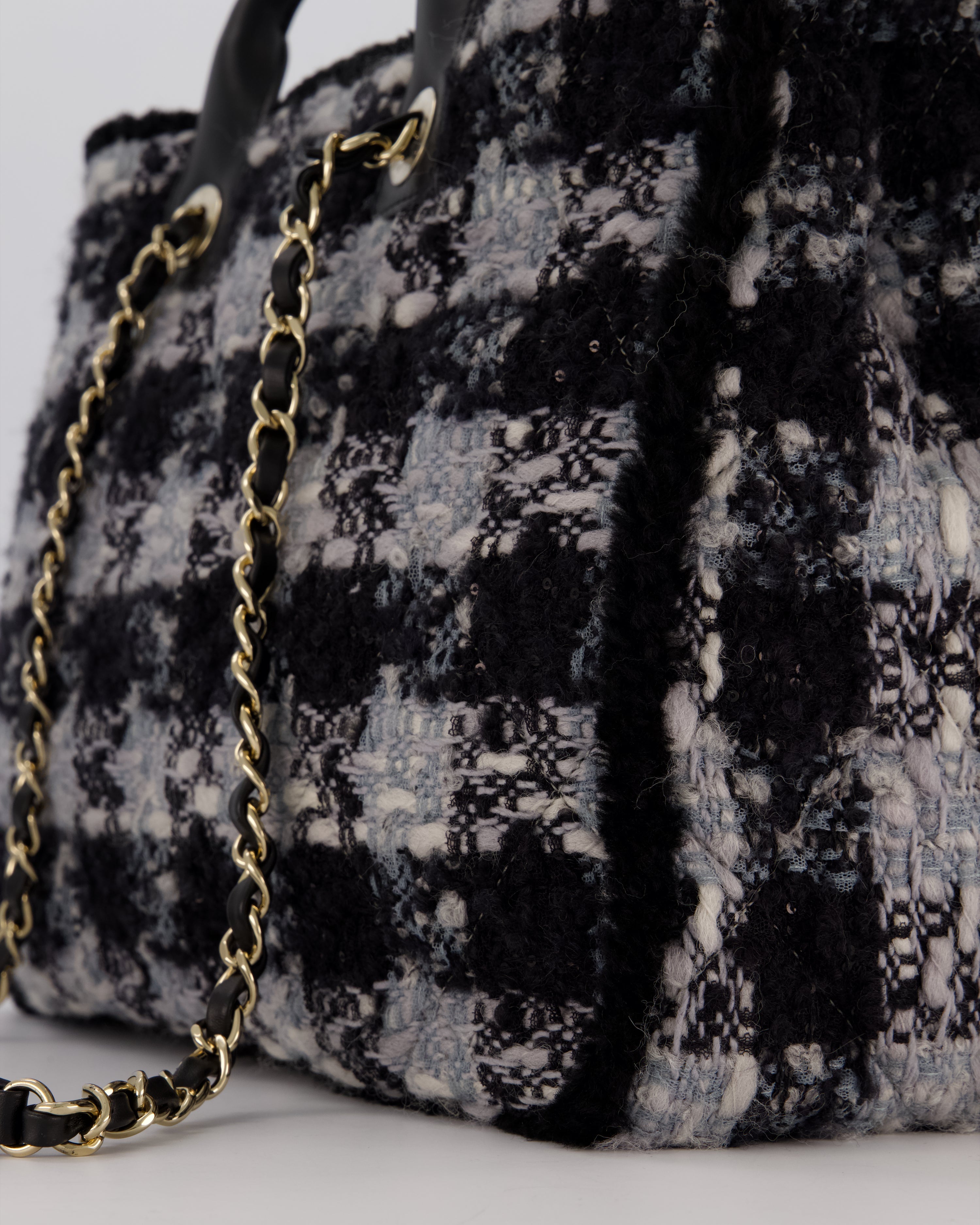 Chanel 25N Grey and Black Oqilted Tweed Shopping Tote Bag With Champagne Gold Hardware and Leather Handle