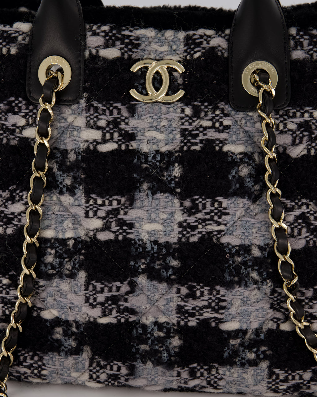 Chanel 25N Grey and Black Oqilted Tweed Shopping Tote Bag With Champagne Gold Hardware and Leather Handle