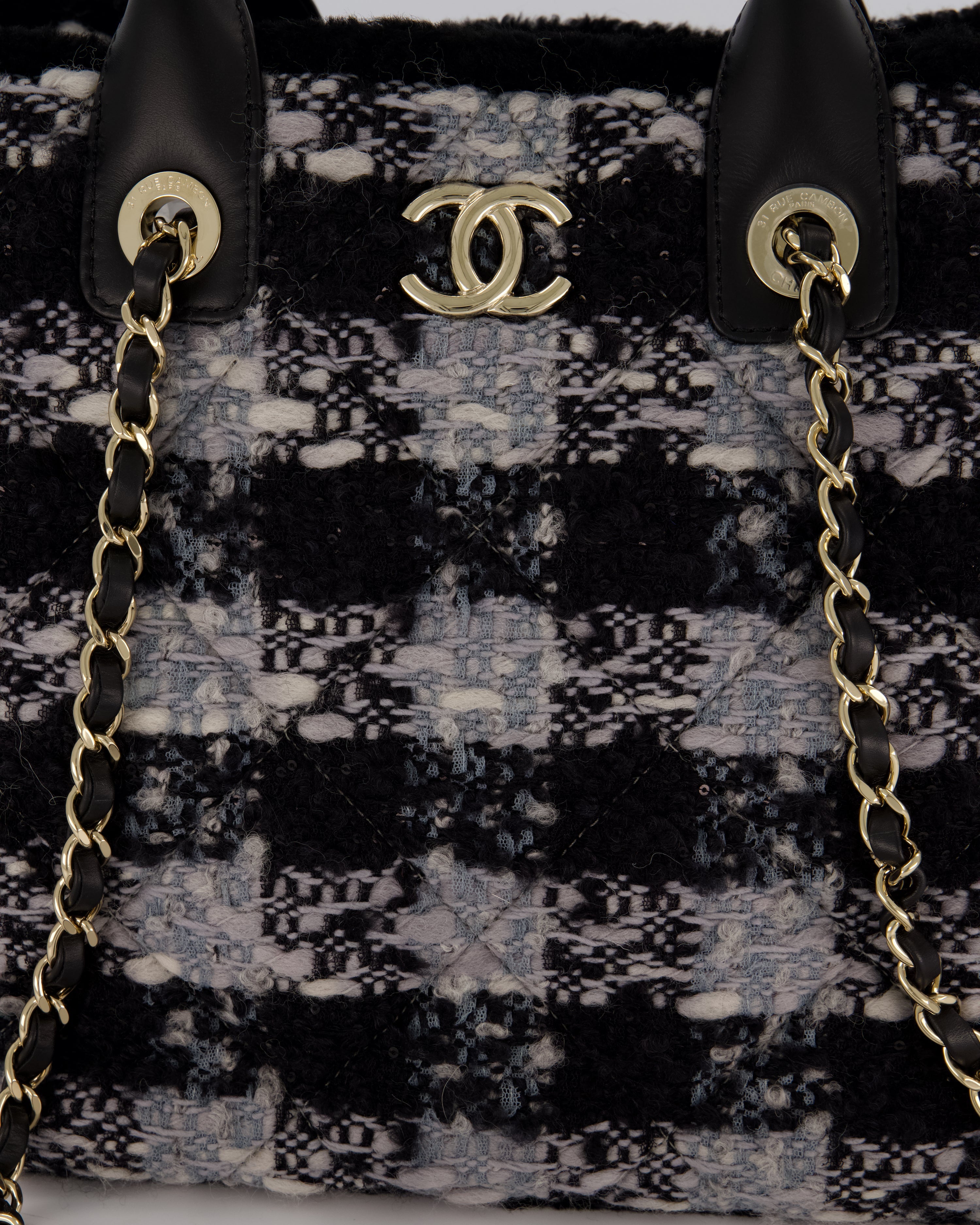 Chanel 25N Grey and Black Oqilted Tweed Shopping Tote Bag With Champagne Gold Hardware and Leather Handle