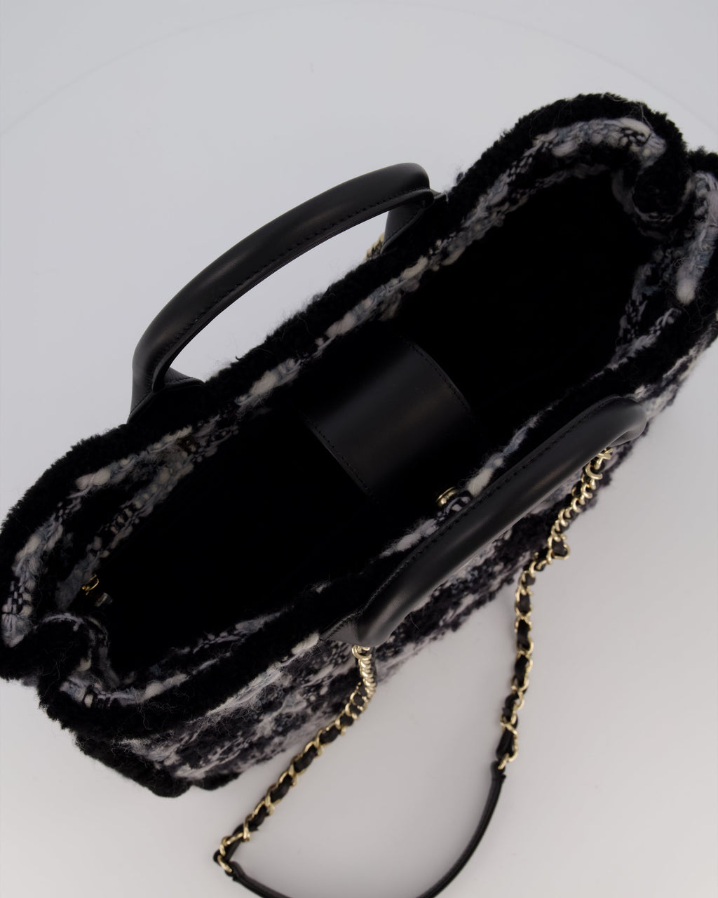 Chanel 25N Grey and Black Oqilted Tweed Shopping Tote Bag With Champagne Gold Hardware and Leather Handle