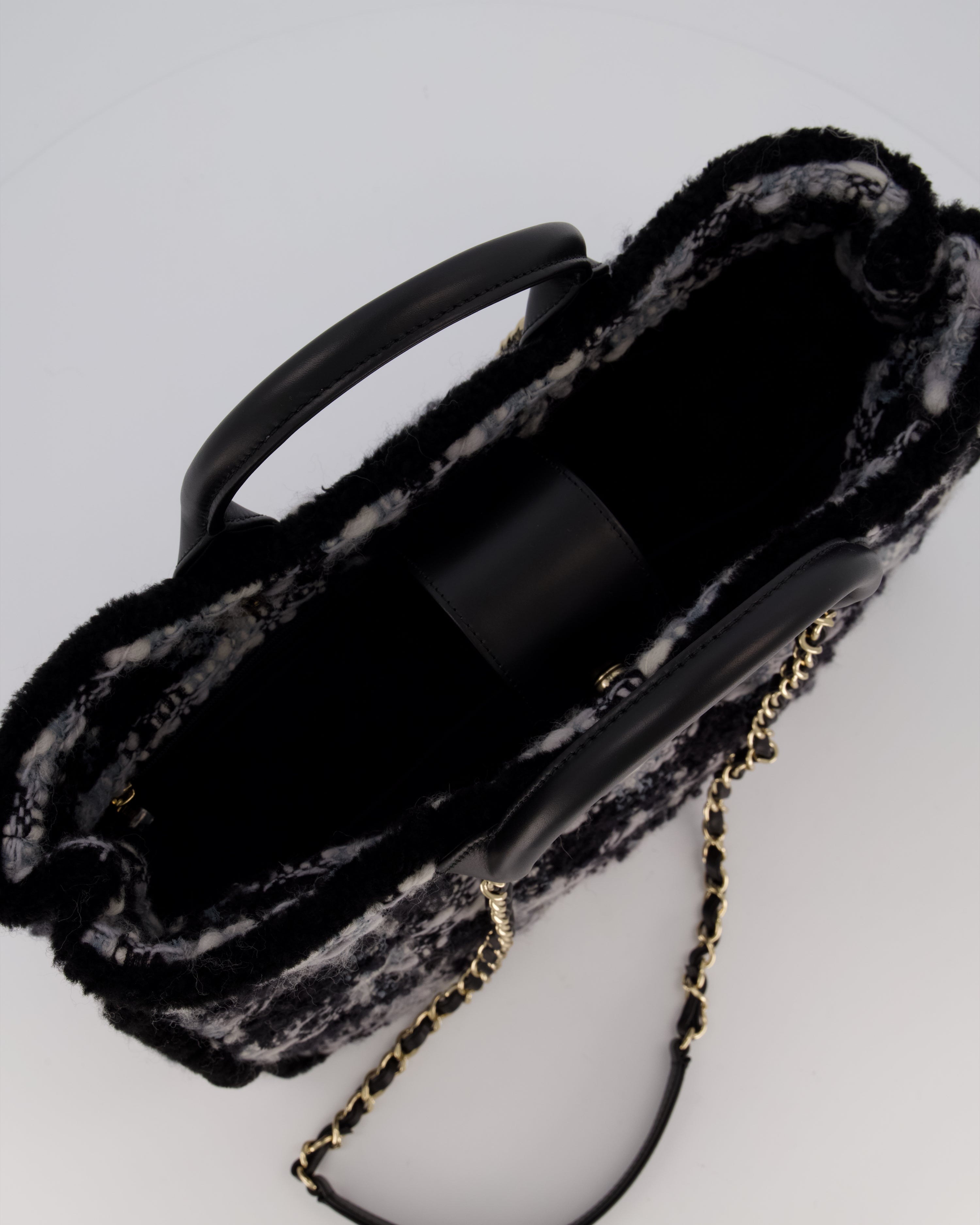 Chanel 25N Grey and Black Oqilted Tweed Shopping Tote Bag With Champagne Gold Hardware and Leather Handle