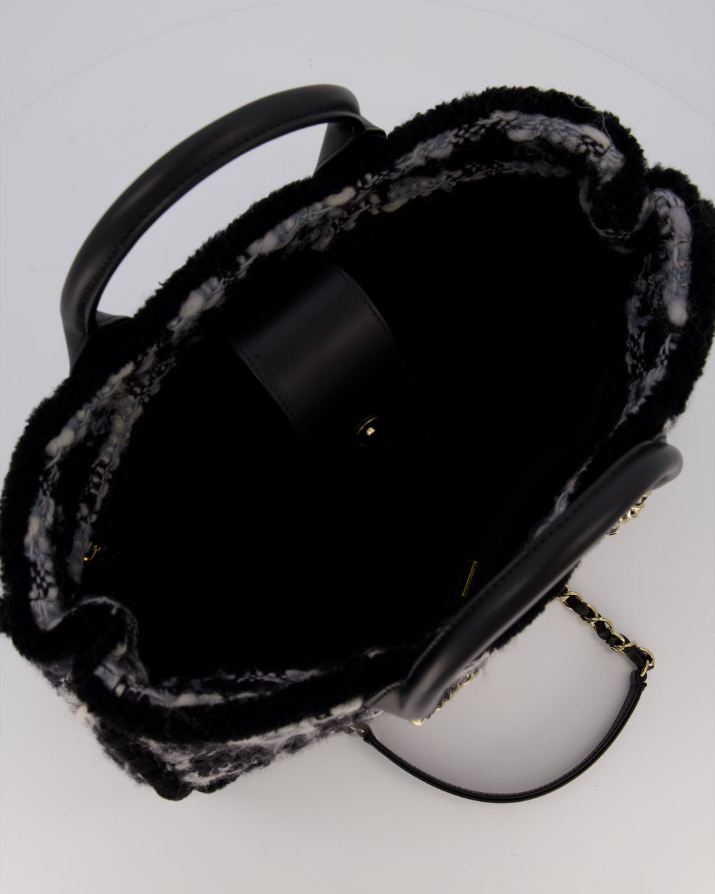Chanel 25N Grey and Black Oqilted Tweed Shopping Tote Bag With Champagne Gold Hardware and Leather Handle